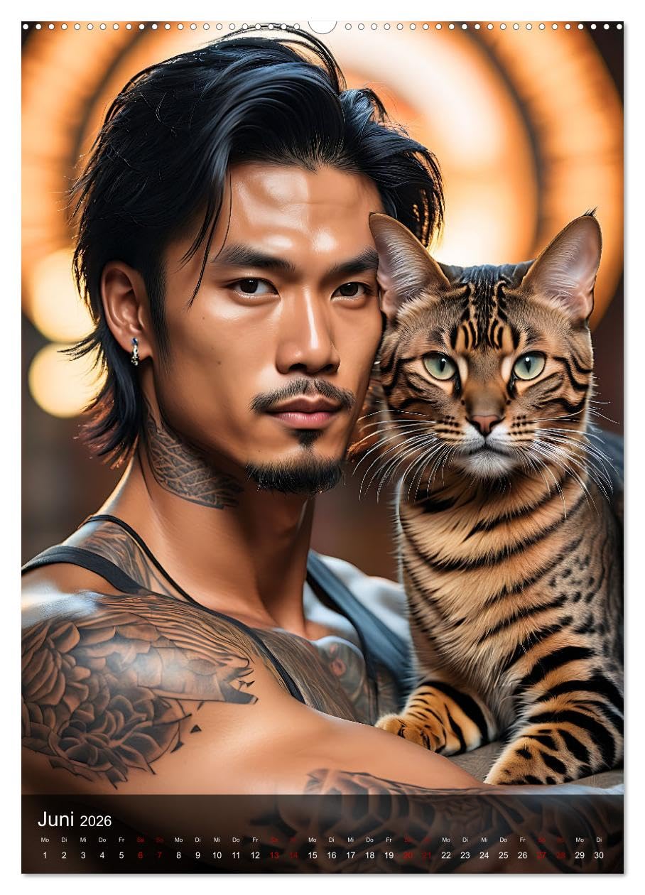 Verschmuste Kerle - Muskeln, Tattoos und Miezekatzen (hochwertiger Premium Wandkalender 2026 DIN A2 hoch), Kunstdruck in Hochglanz: Charmante Bilder ... unwiderstehlichen Samtpfoten (CALVENDO Tiere)
