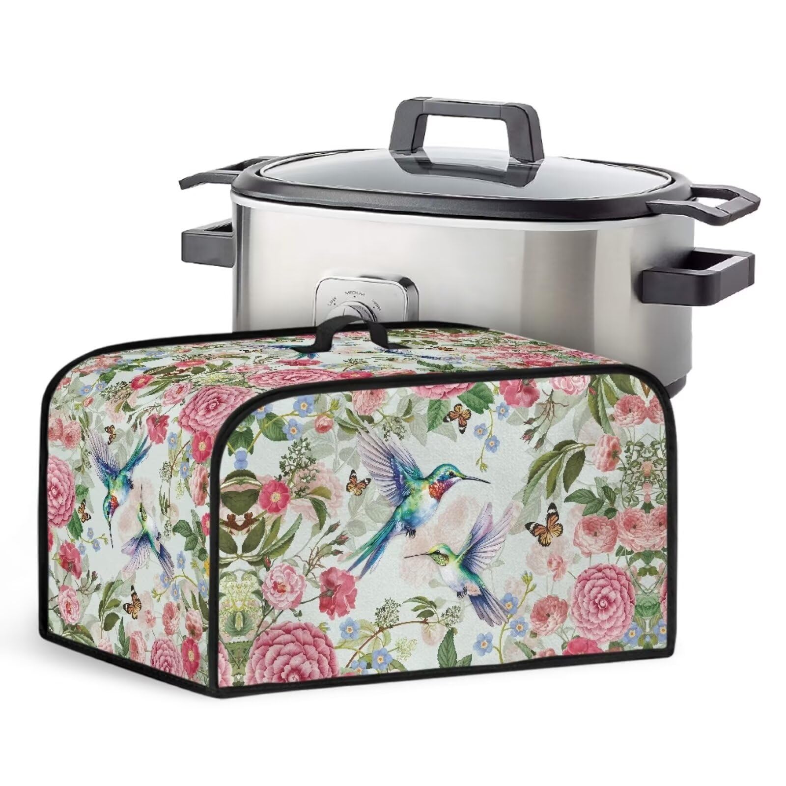 Kathyboom Hummingbird Flowers Slow Cooker Cover with Side Pockets, Anti Splash Slow Cooker Dust Covers Fit for Most 6-8 Qt Crock Pot Kitchen Accessories Organizer