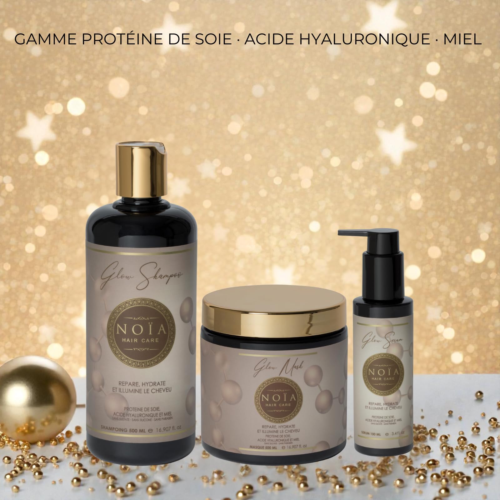 NOÏA HAIR – Trio Capillaire Professionnel GLOW – Shampoing 500ml +Masque 500ml + Sérum 100ml – Hydratation & Brillance – Acide Hyaluronique – Cheveux Secs, Ternes ou Déshydratés