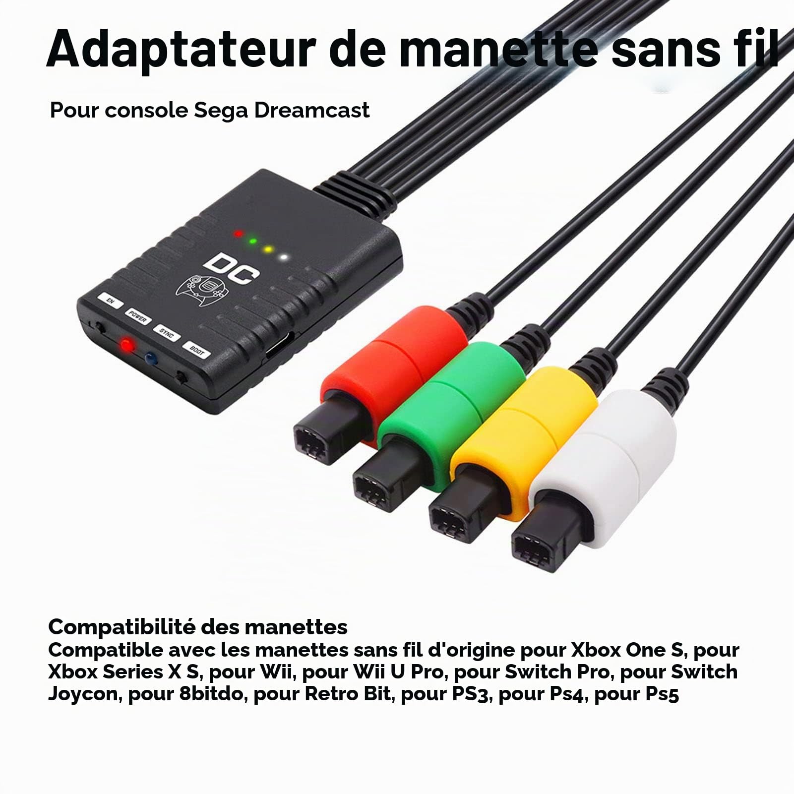 Adaptateur de Contrôleur de Convertisseur de Poignée sans Fil Bluetooth DC Dreamcast, avec Indicateur LED, Simple Plug and Play, Convertisseur de Contrôleur Bluetooth 4 Joueurs