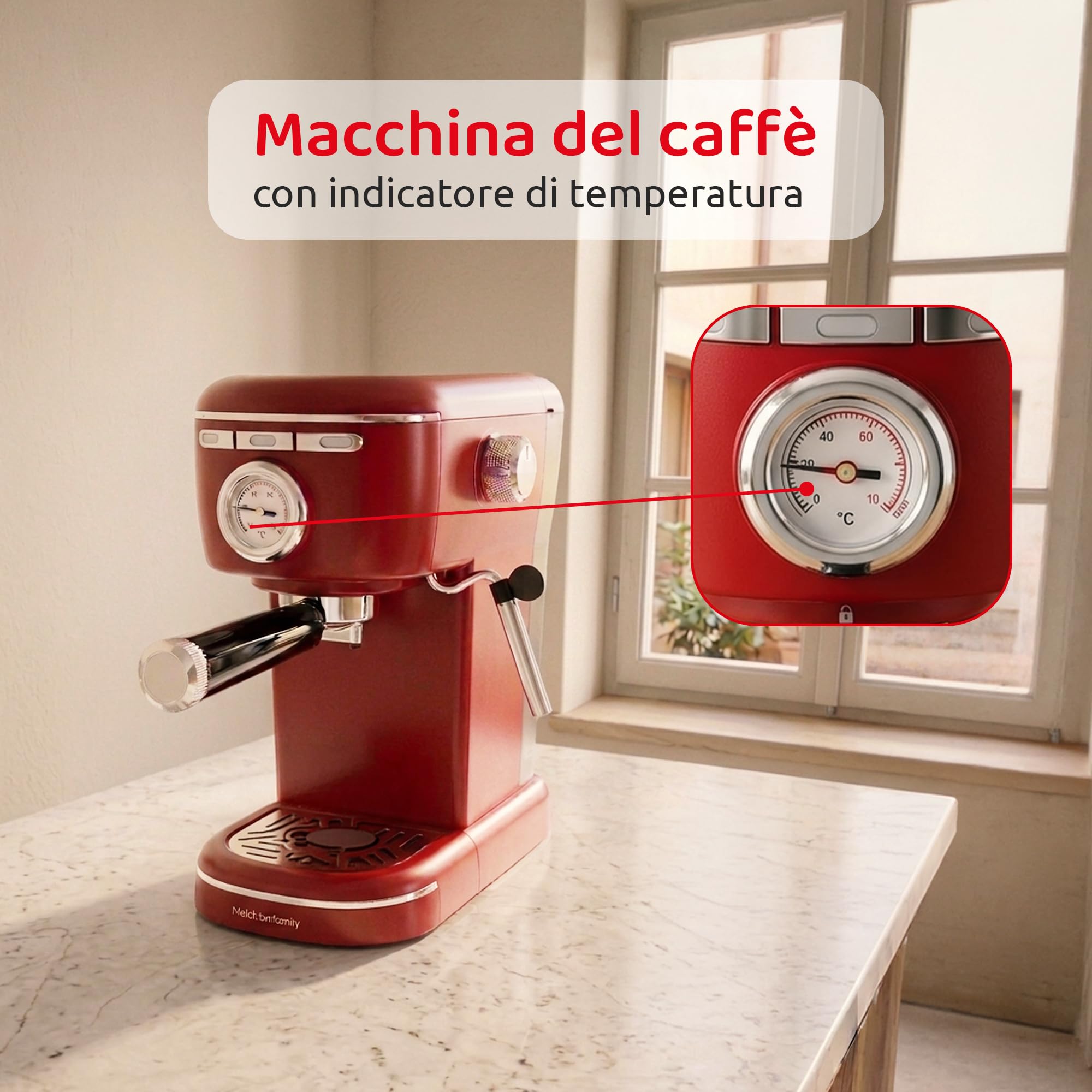 Melchioni Aromatica Plus ekspres do kawy 3 w 1, kompatybilny z kapsułkami Nespresso i kawą mieloną - ciśnienie 15 bar - 1100 W - zbiornik 1,2 l - wbudowany spieniacz do mleka - czerwony