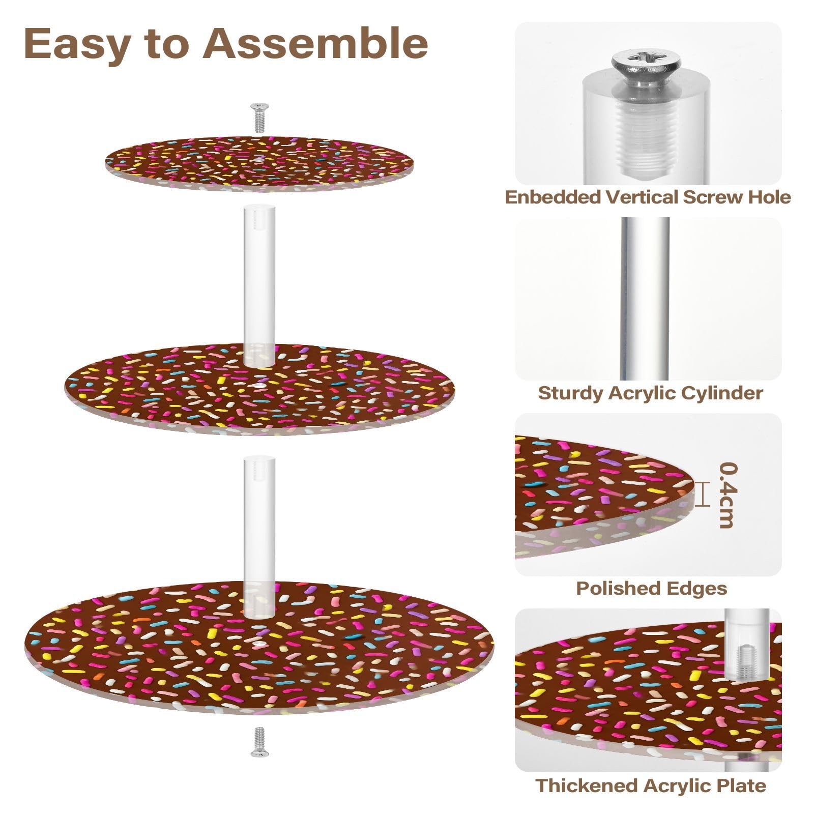 Nander 3 Tier Cupcake Stand,Colorful Candies Sprinkled on Ice Cream Large Cupcake Tower Display, Round Cupcake Holder, Acrylic Dessert Stand, Pastry Display Tree for Party, Wedding, Baby Shower