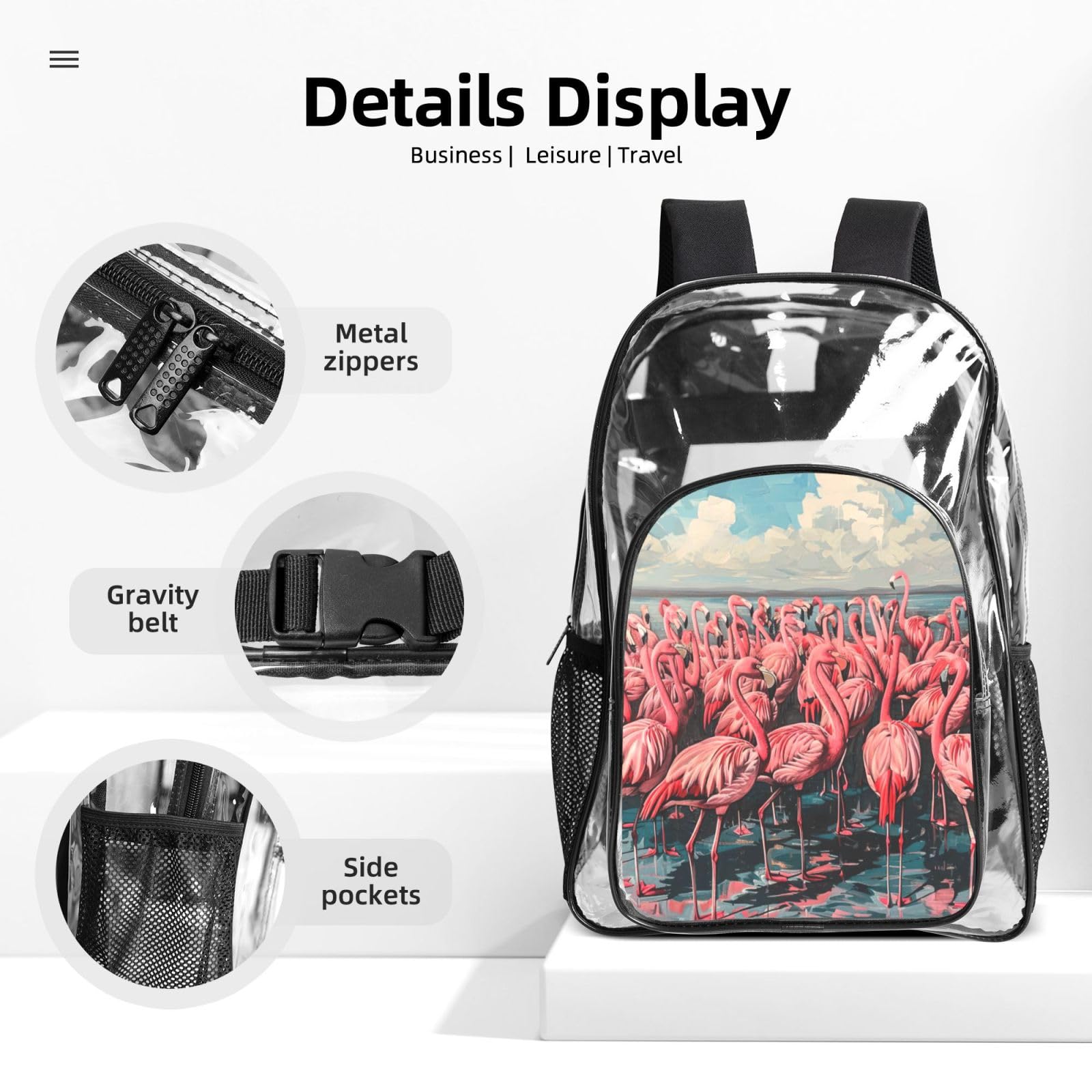 Flamingo Print 3-częściowy przezroczysty plecak zestaw do podróży na świeżym powietrzu przygody wakacje przezroczysta torba