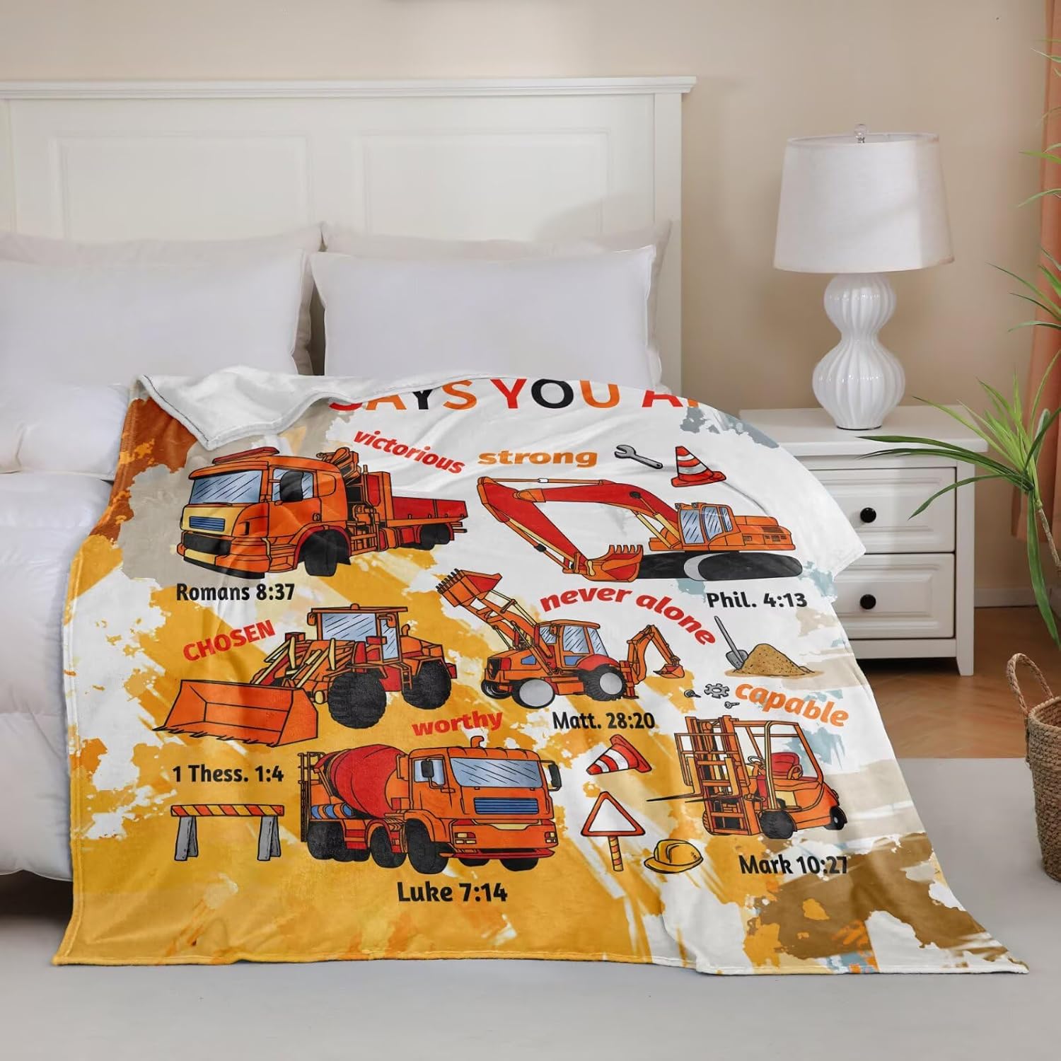 Kids Christian Construction Truck Blanket 60x50 Inch,God Says I Am Truck Fleece Blanket Throw for Boys,Bible Verse Tractor Cars Soft Fuzzy Throw for Bed Couch Sofa Decor