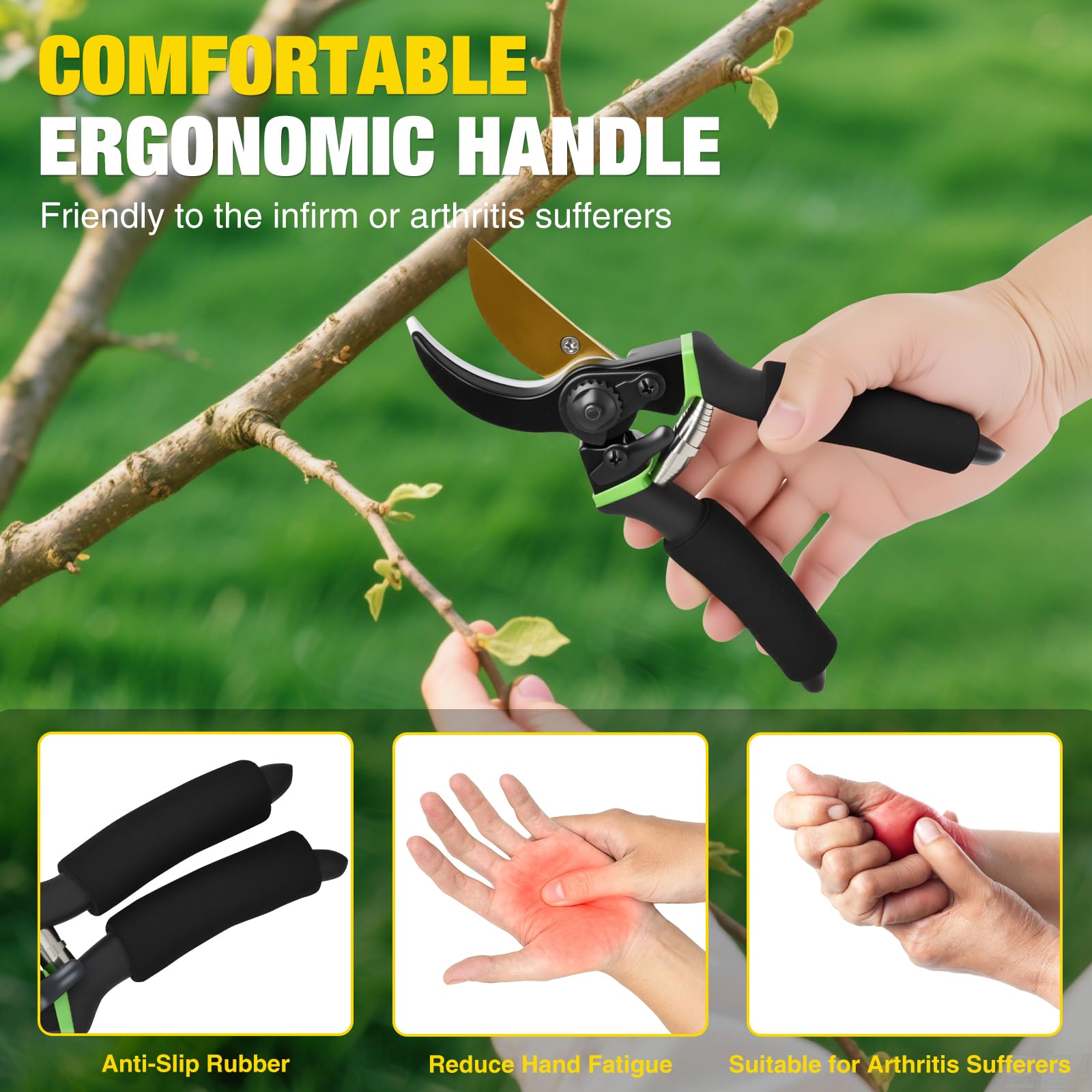 Yesker Pruning Shears for Gardening 8.5" Professional Bypass Garden Scissors Yard Clippers with Sharp SK5 Steel Blade Heavy Duty Hand Pruners for Branch Flower Plant Trimming Cutting Gardening Tools