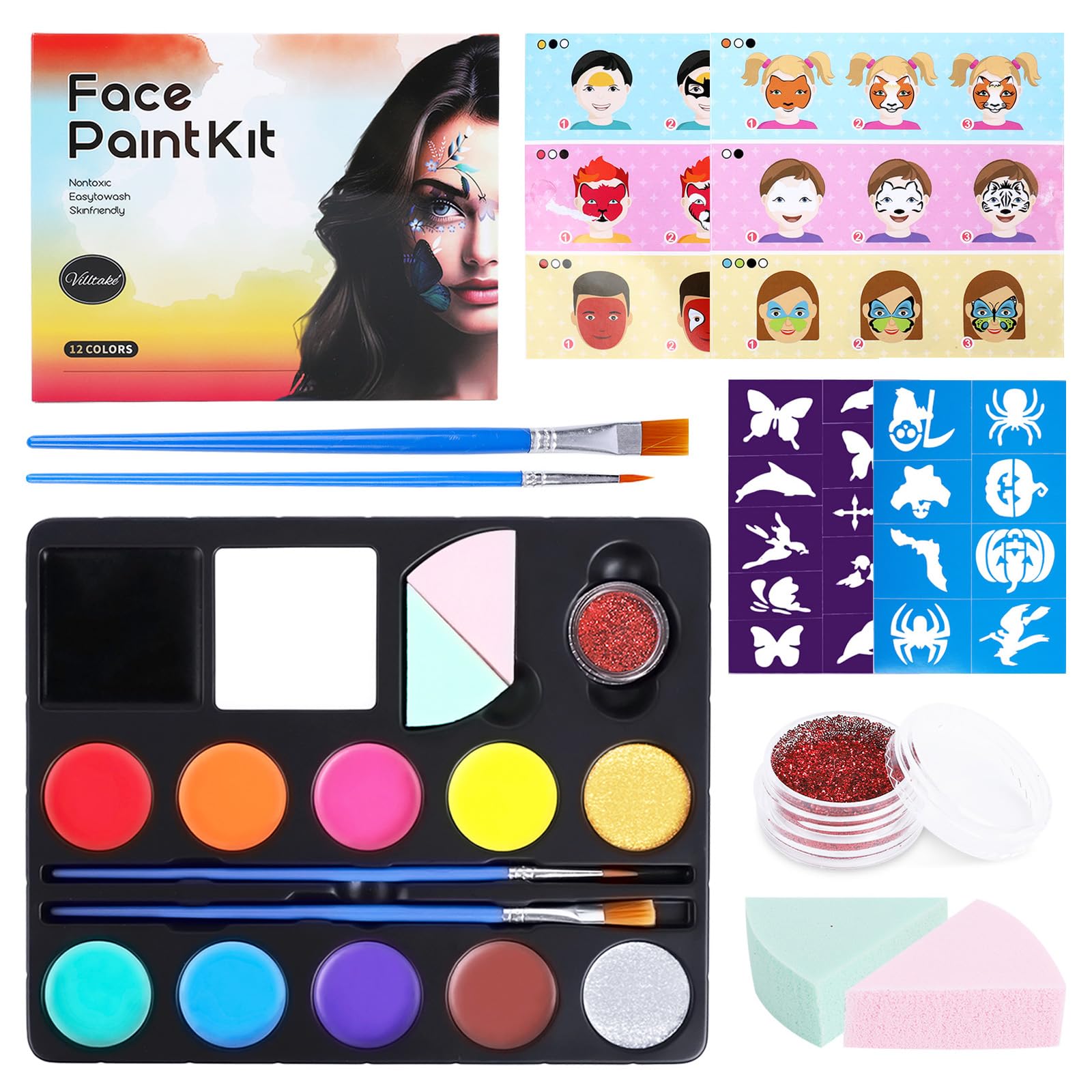 Kit di Trucco per Halloween per Bambini, Effetti Speciali di Halloween Makeup Set, Non Tossico, Lavabile, Pittura Viso e Corpo per Halloween, Sfx Makeup Kit con Dentiera, Sangue Finto, Spugne
