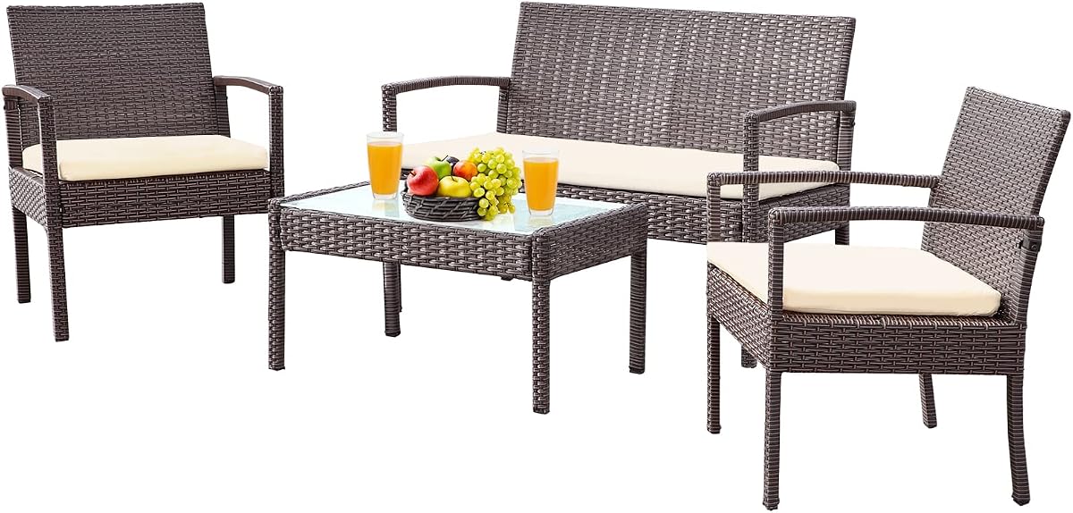 4 Piece Outdoor Patio Furniture Set, Rattan Patio Conversation Set | Thick Polyester Cushions, Tempered Coffee Table, Steel Frame Easy Assembly, Suit for Backyard Porch Poolside Balcony, Beige