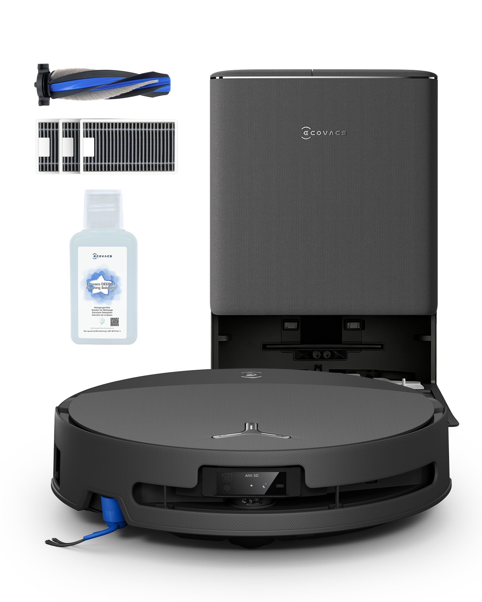ECOVACS DEEBOT T90 PRO OMNI Robot aspirapolvere lavapavimenti Kit di manutenzione, 30.000 Pa, ricarica PowerBoost, OZMO ROLLER 3.0, include spazzola extra, filtri e soluzione detergente, nero
