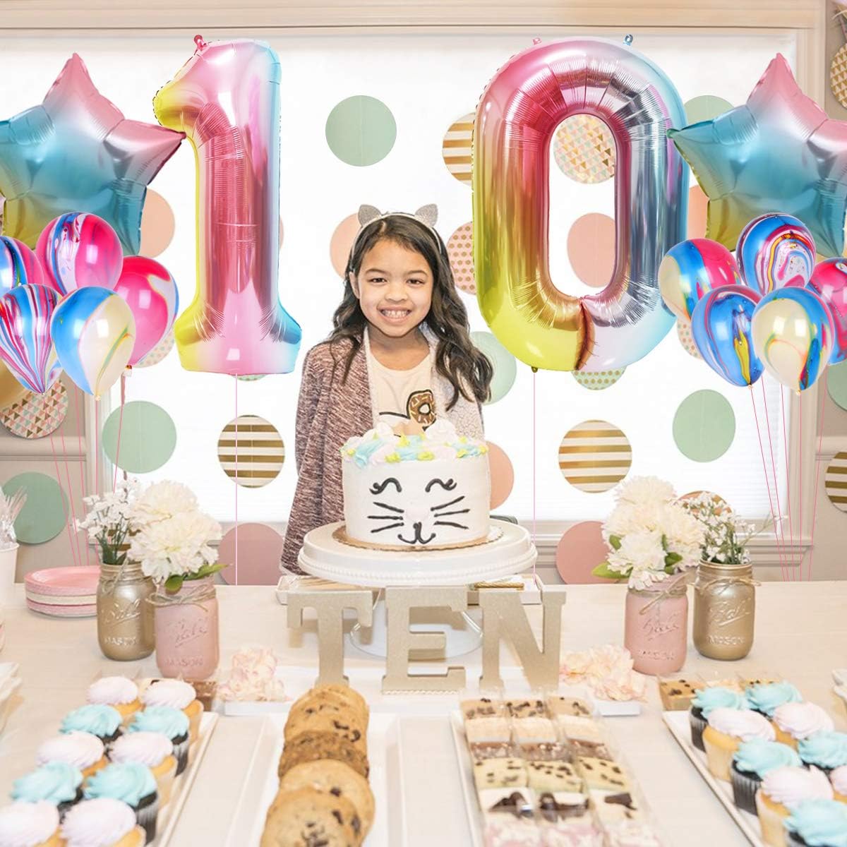 Rainbow 10th Birthday Decorations Double Digits Birthday Party Decorations Double Digits Number 10 Star Balloons Cake Topper Happy Birthday Banner Tenth Bday Decors for 10 Years old Girls - Image 2