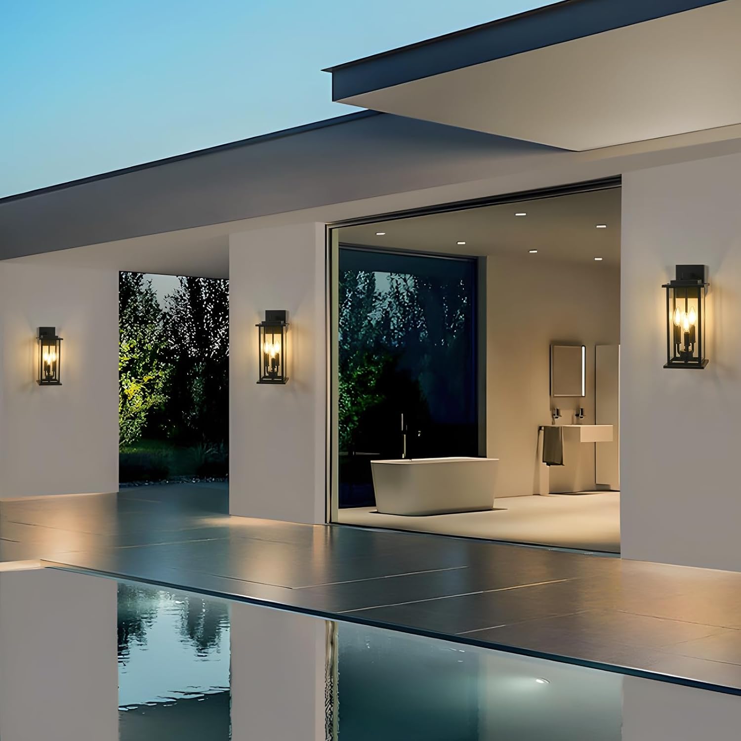 1-Pack 15" Outdoor Wall Lantern Candelabra 3-Light, Waterproof Exterior Wall Light Fixture with Clear Glass Front Porch Light Outdoor Wall Sconce, E12 Base Exterior Sconces for Garage