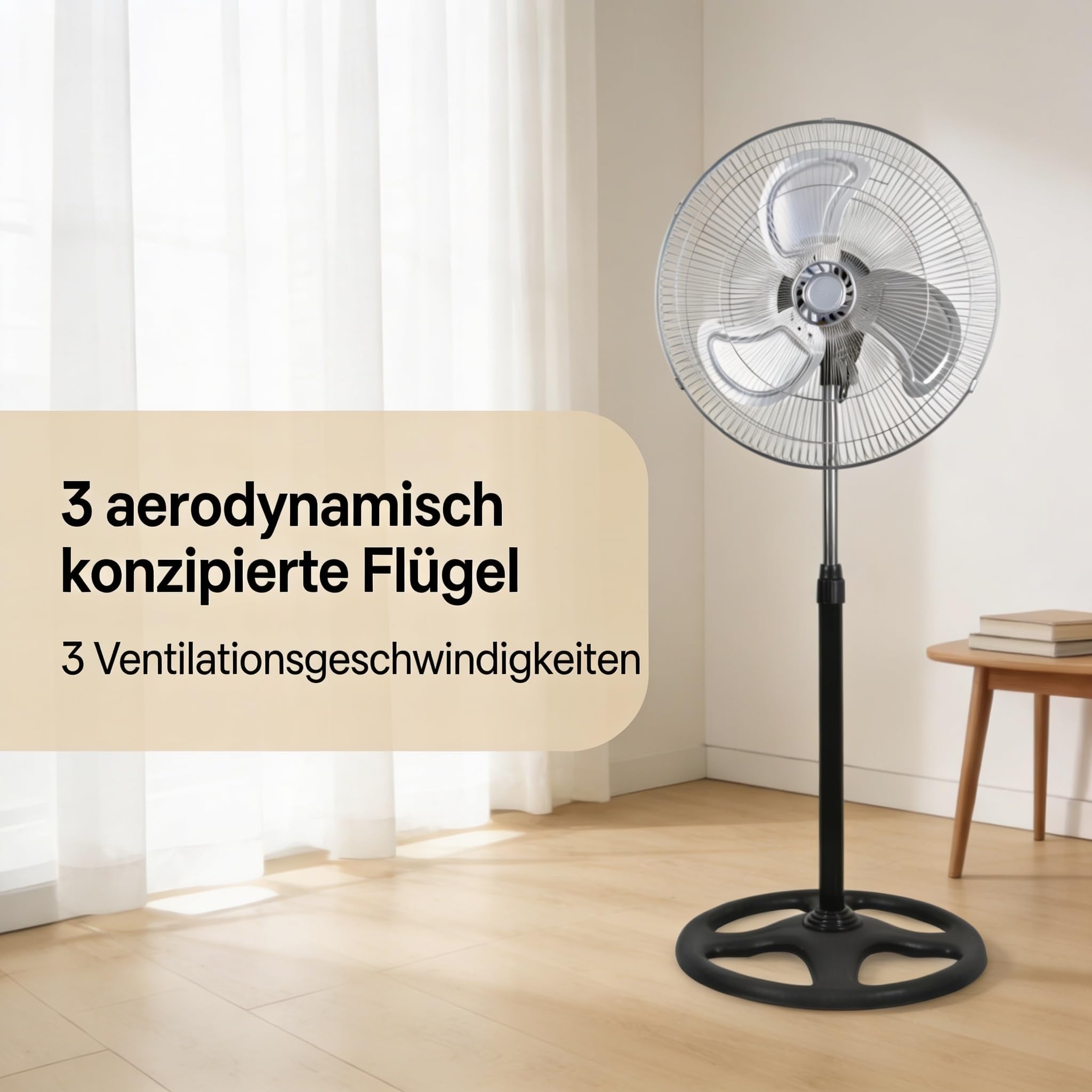 Standventilator 55 W Ø45 cm Edelstahlflügel 3 Geschwindigkeitsstufen Metallventilator