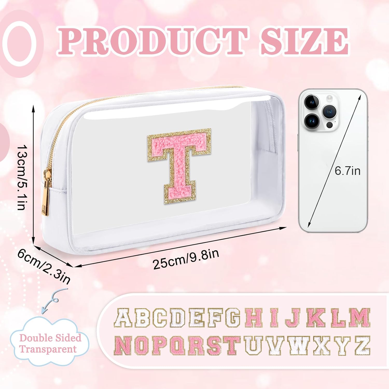 Small Clear Personalized Initial Makeup Bag, Preppy Nylon A-Z Chenille Letter Patch Makeup Organizer TSA Approved Travel Toiletry Bag,Waterproof Zip Beach Cosmetic Pouch Purse for Women(White-Pink T) - Image 2