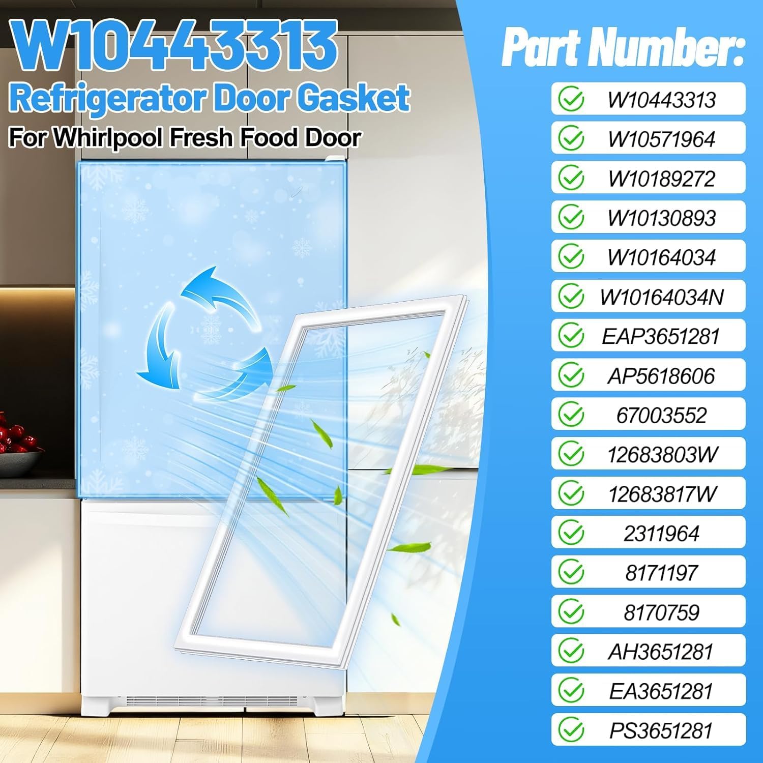 Upgraded W10443313 Refrigerator Door Seal Compatible with Whirlpool Refrigerator Door Gasket White WRB322DMBM00 WRB322DMBB00 Upright Refrigerator Door Seal W10571964 W10189272 Door Seal 31.1"x39.57"