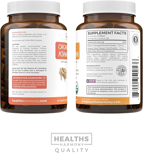 Miniatura 6 de Ashwagandha orgánica USDA (60 tabletas vegetarianas) 1350 mg de polvo de raíz de Ashwaganda por porción con pimienta negra  Apoyo suprarrenal