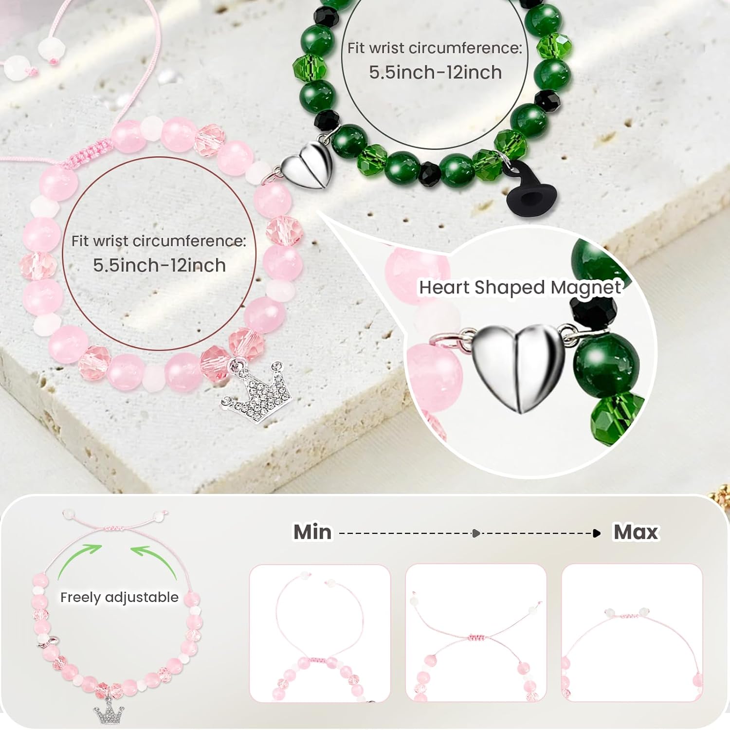 Green and Pink Friendship Matching Bracelets-Crown Witch Hat Matching Bracelets-BFF Couples Accessories, for Fans' Birthdays, and Party Favors for Fans - Image 2