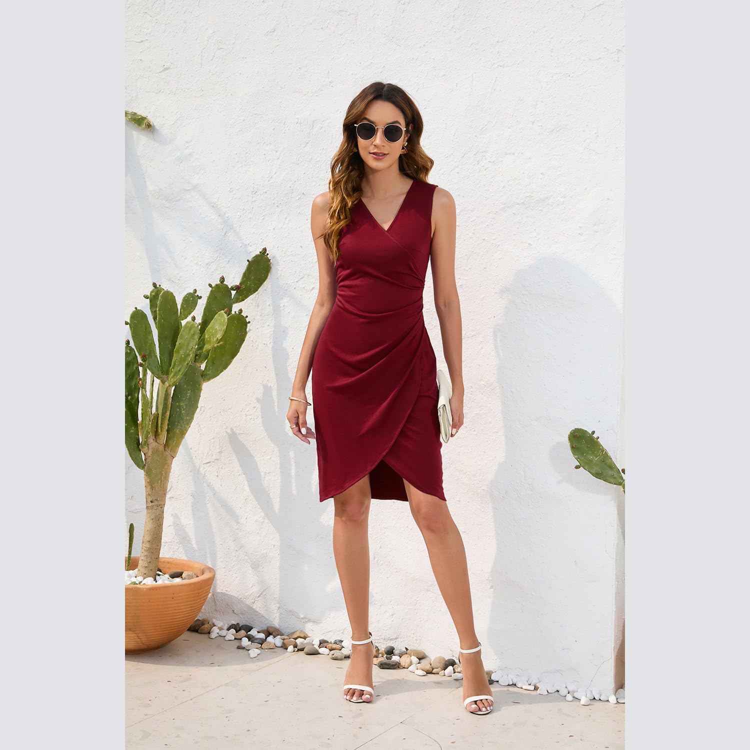Vestido de Mujer Sexy con Cuello en V, sin Mangas, de imitación, Color sólido, Ajustado, Vestido Midi de Verano
