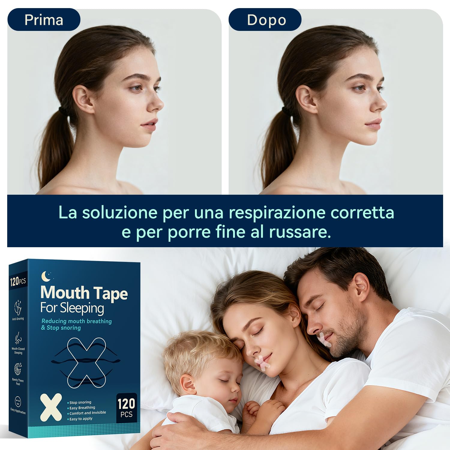 Mouth Tape for Sleeping, 120 Pezzi Cerotti Bocca per Dormire – Antirussamento per Respirare Meglio dal Naso, Migliora il Sonno e Favorisce la Respirazione Nasale