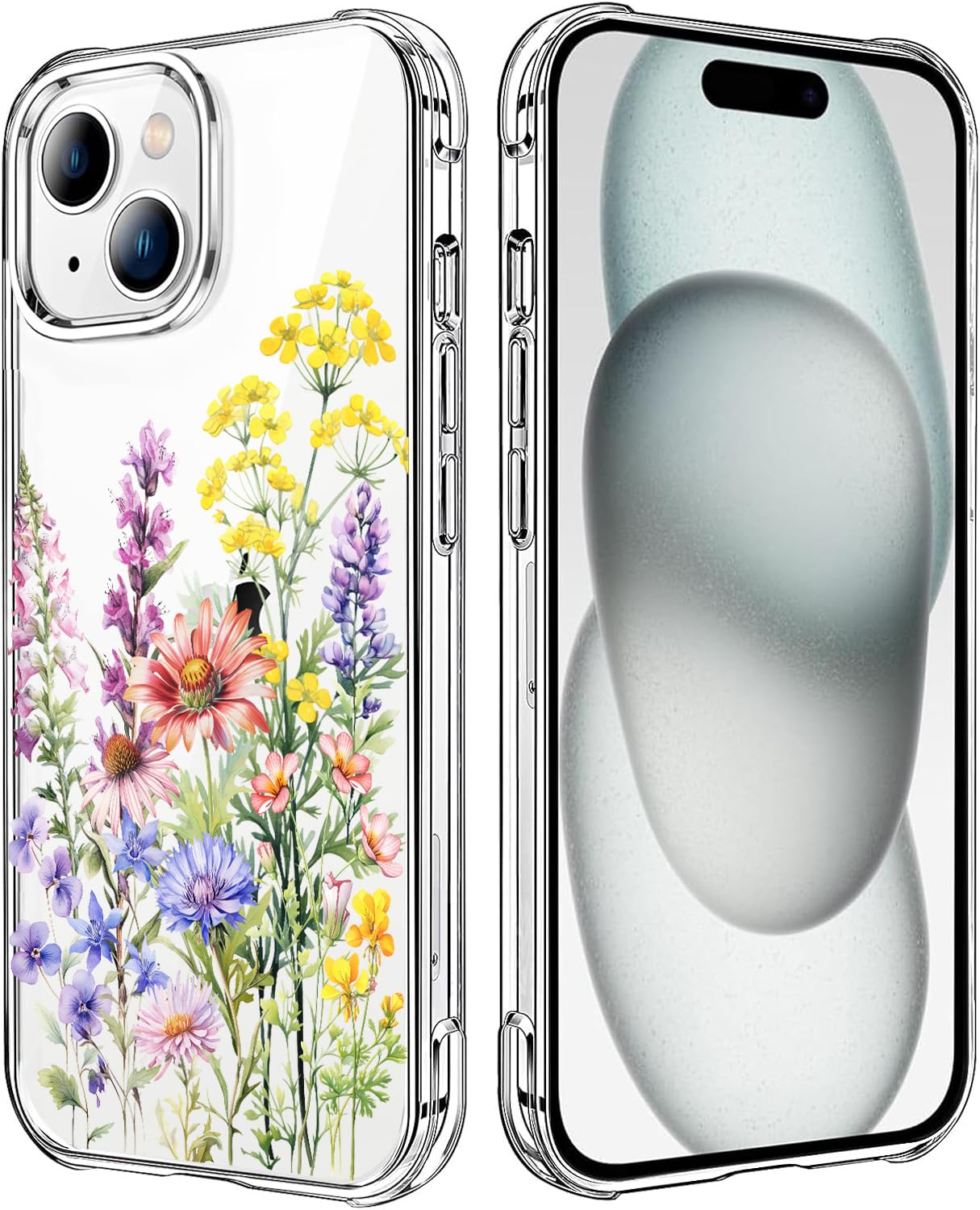 HEYORUN Wild Floral Clear Case Compatible with iPhone 15, Cute Girls and Women Flower Back Case Cover, Summer Flowers Transparent Flexible TPU Bumper