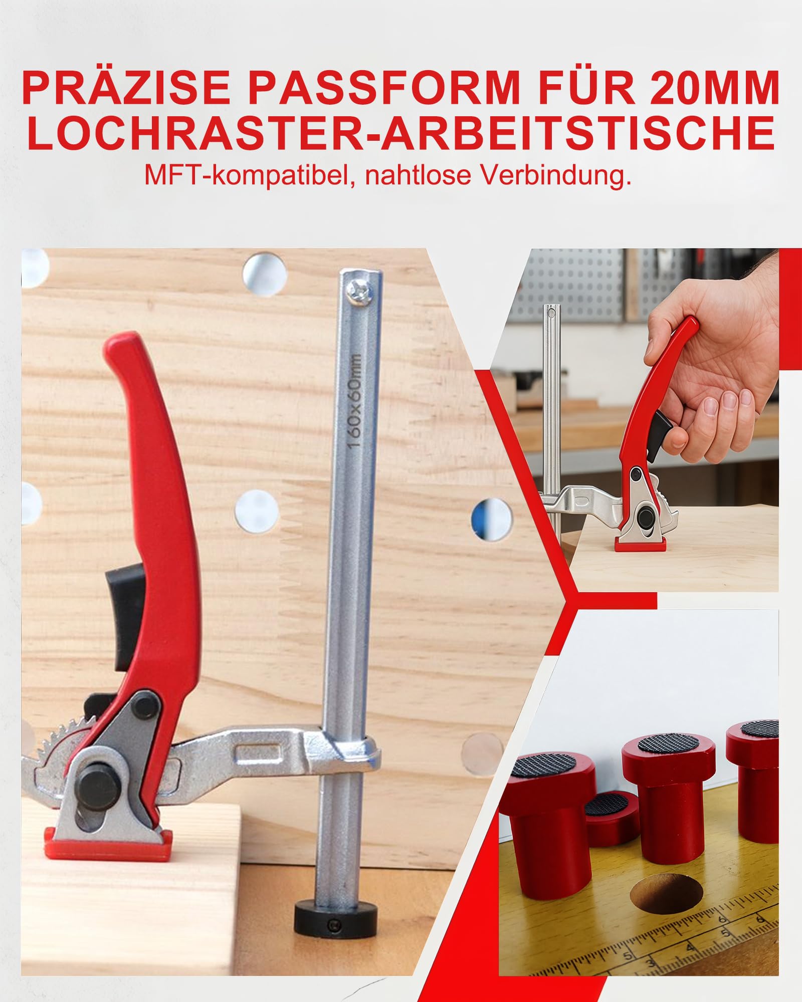 Lot de 6 supports bas : 2 colliers de serrage de 20 mm et 4 crochets d'établi en acier au chrome vanadium, pince à serrage rapide 160 x 60 mm pour le travail du bois, table MFT et établi (rouge