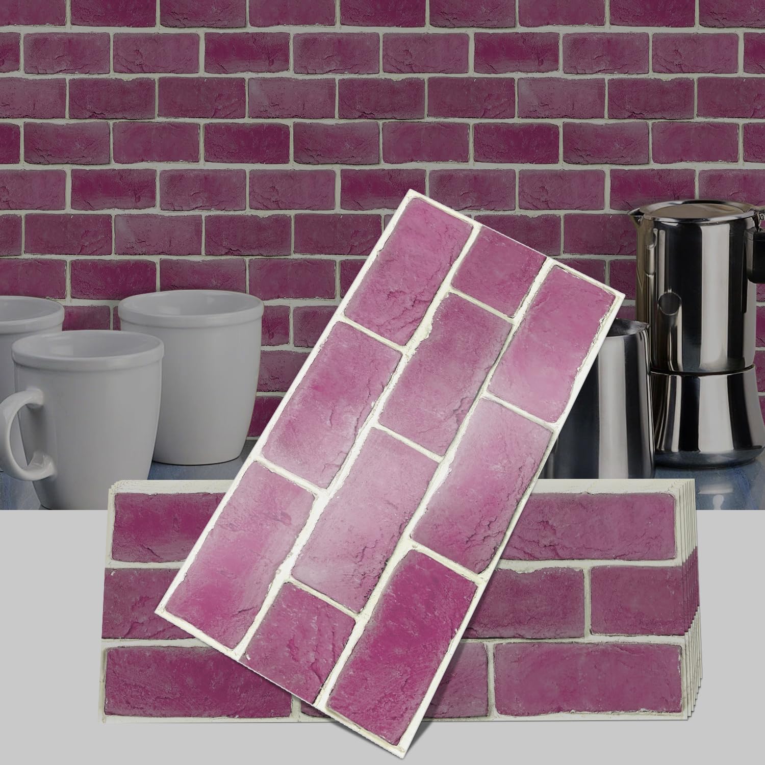 Alwayspon 30cmX15cmX24Pcs Rose Red Brick Effect Thick Vinyl Wall Tile Sticker, Peel and Stick Tile Transfer for Kitchen Bathroom Self-adhesive Decals