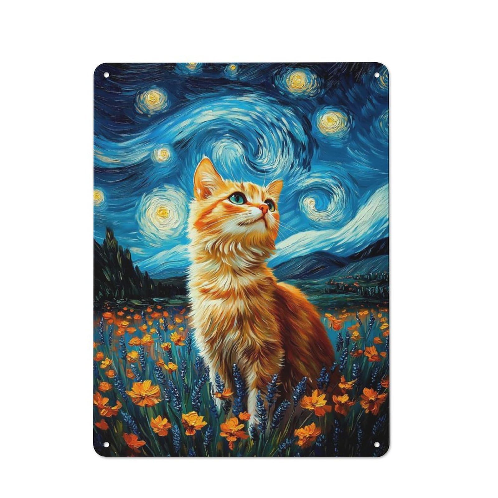 Junmoney Style-23-1 Vintage Metal Plaque 40X30cm Featuring Cat In Starry Night Style For Home Bar Wall, A Metal Wall Feature For Home Bars And Entertaining Spaces