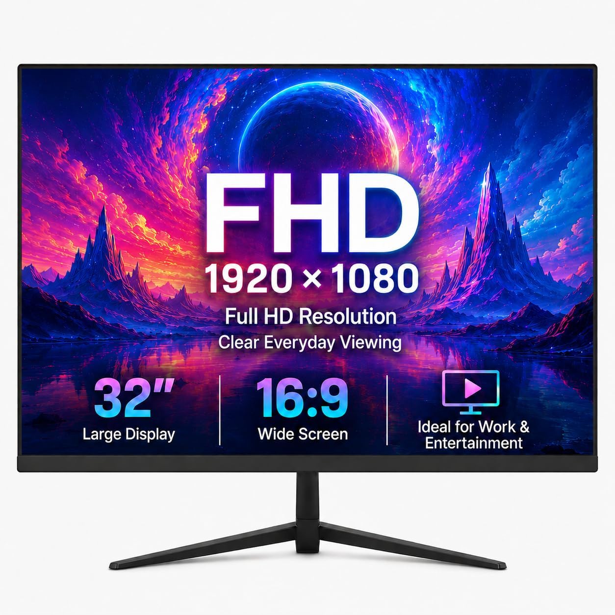 32 Inch 1K FHD Monitor (1920x1080),60Hz Refresh Rate,AMD FreeSync, 178° Viewing Angle,VESA 100x100mm Mount Compatible, Tilt Adjustable - Black