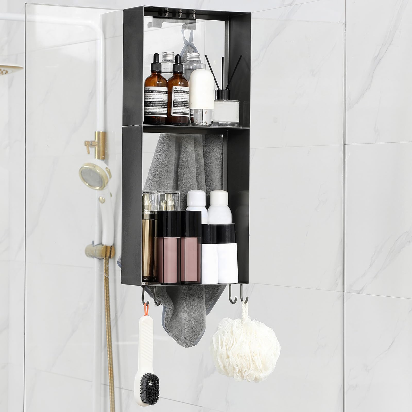 Mensola Doccia SUS 304 Acciaio Inox Porta Shampoo con Gancio Nero