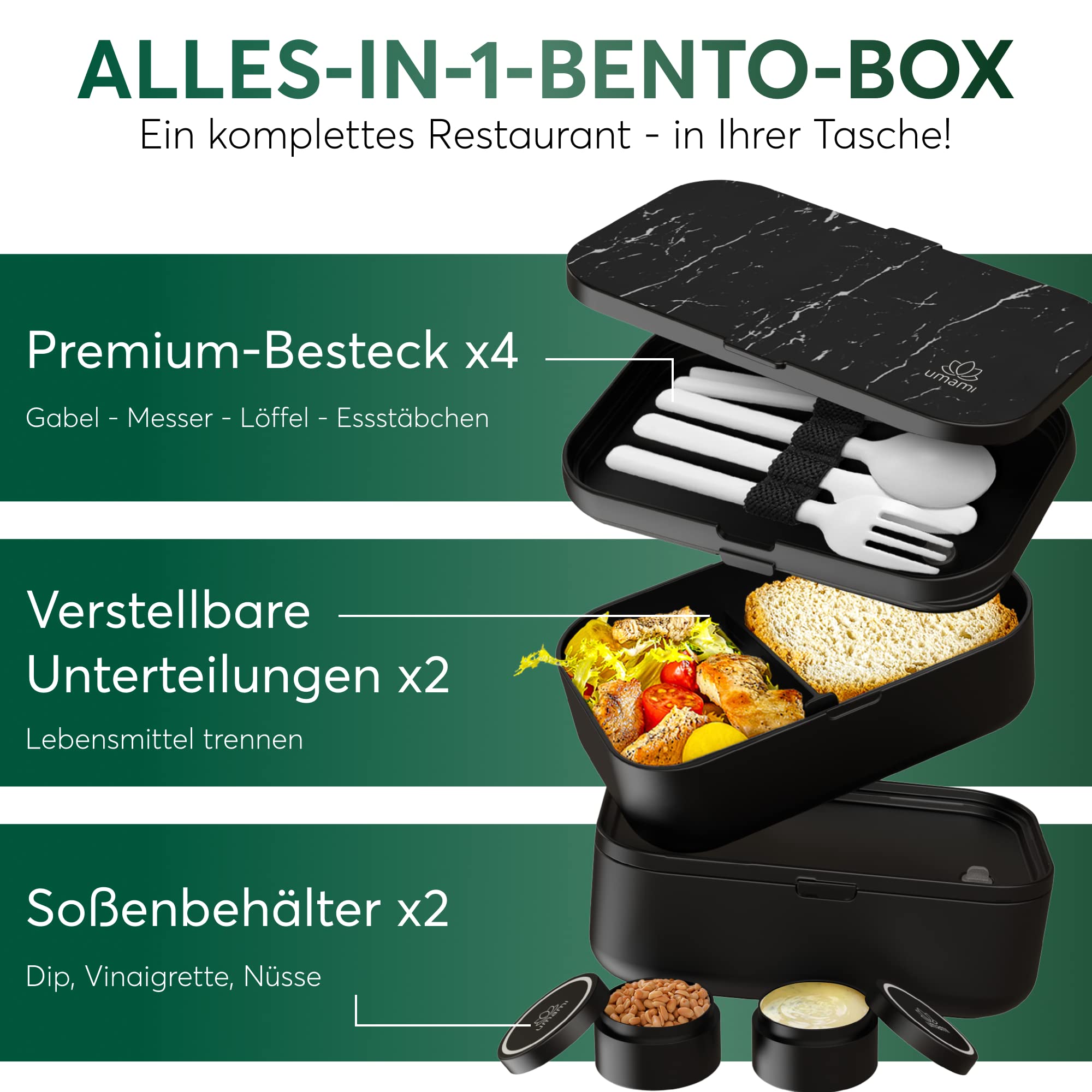 Umami Alles-in-Einem 2000 ml Bento Box für Erwachsene/Kinder, 1 Soßentöpfe & 4 Bestecke, Lunch Box für Männer/Frauen, 2 Meal Prep Containers, Mikrowelle, Spülmaschine, Gefrierschrank sicher, BPA frei