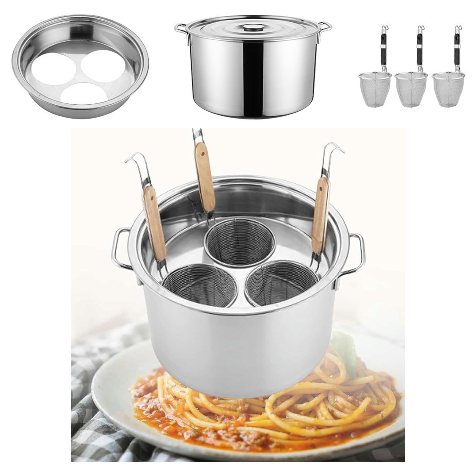JYBNBBE Stainless Steel Noodle Boiler with Divider and Strainer - Multifunctional Pasta Cooker for Home and Restaurant Kitchens,A-3 Holes