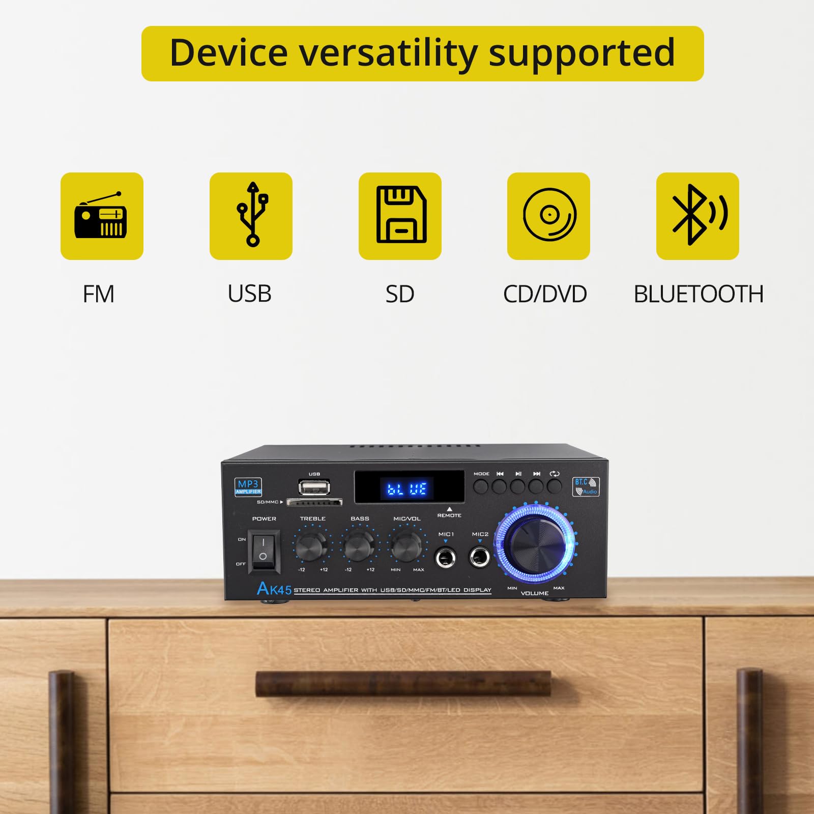 PROZOR Amplificador de Audio Bluetooth 5.0 Amplificador HiFi Estéreo 40W+40W con Pantalla LCD Amplificador Sonido Digital Función Radio FM Tarjeta TF SD Dos Microfonos para Cine en Casa, Coche