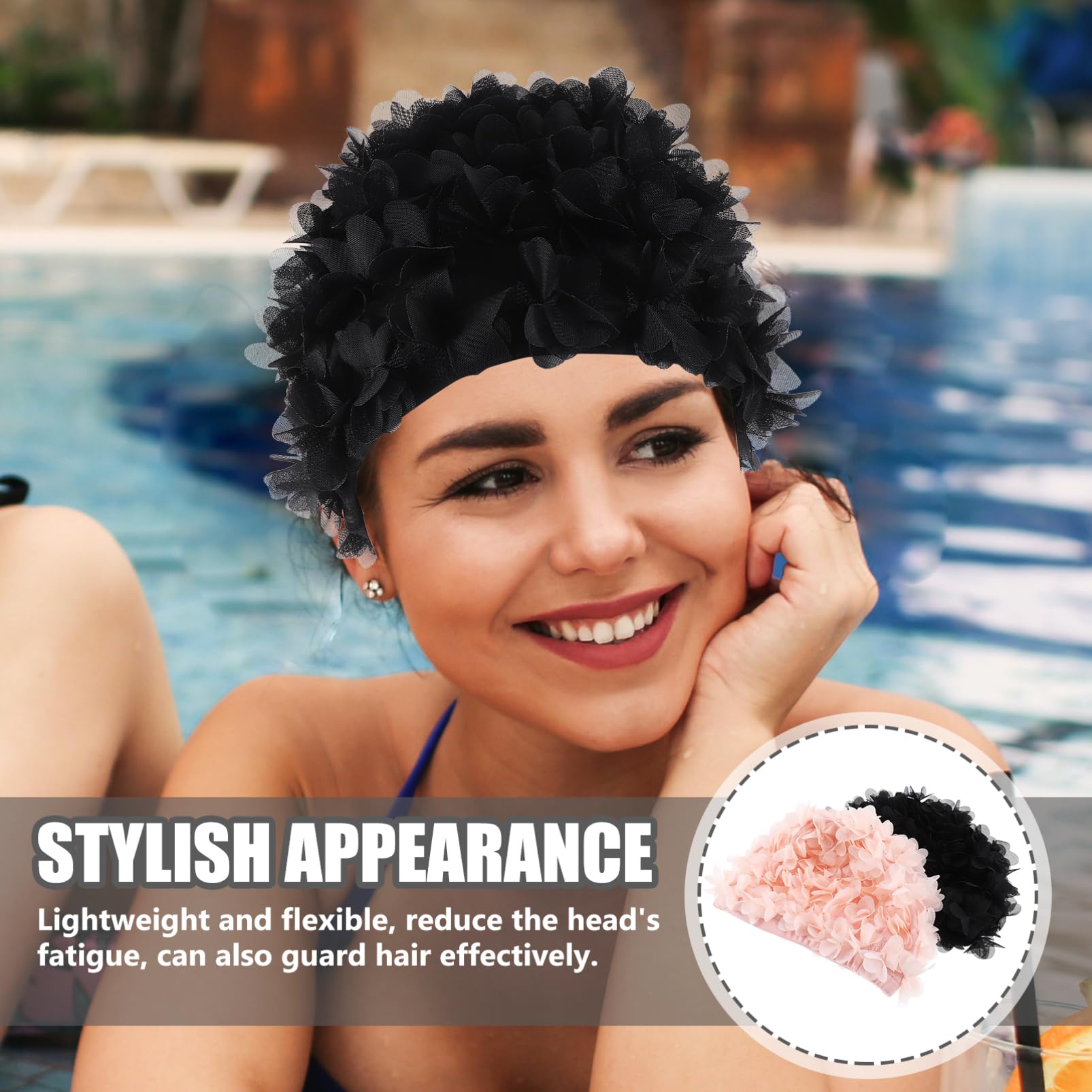 Cuffie da Nuoto Elastiche a Petalo, 2 Pezzi Rosa Nero per Donne | Nylon Leggero, Facile da Indossare e Togliere, Protegge i Chioma, Comfort in Piscina per Adulti