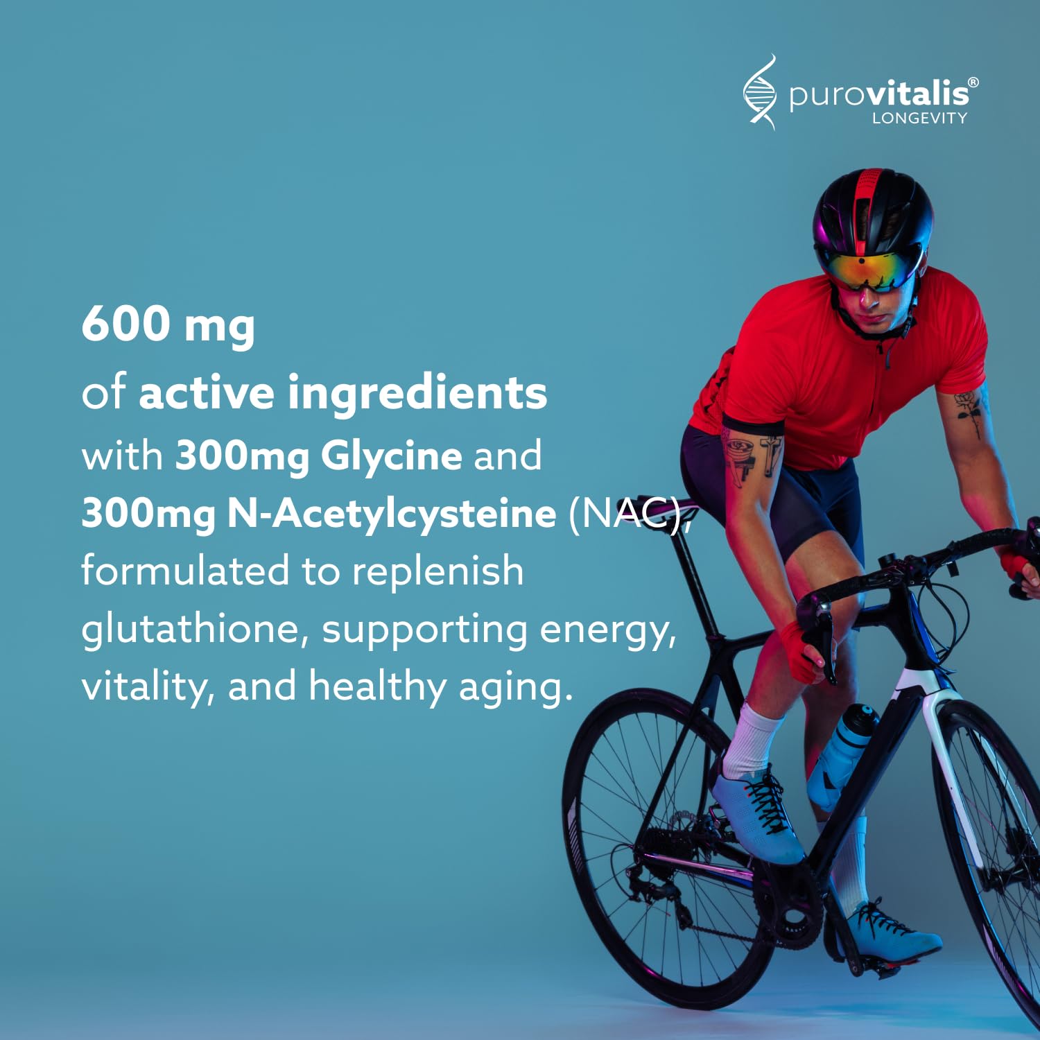 PUROVITALIS GlyNAC Clarity, Glycin + NAC Supplement, je 600 mg, unterstützt Glutathion, Zellgesundheit & gesundes Altern, 1-Monatsvorrat (60 vegane Kapseln)