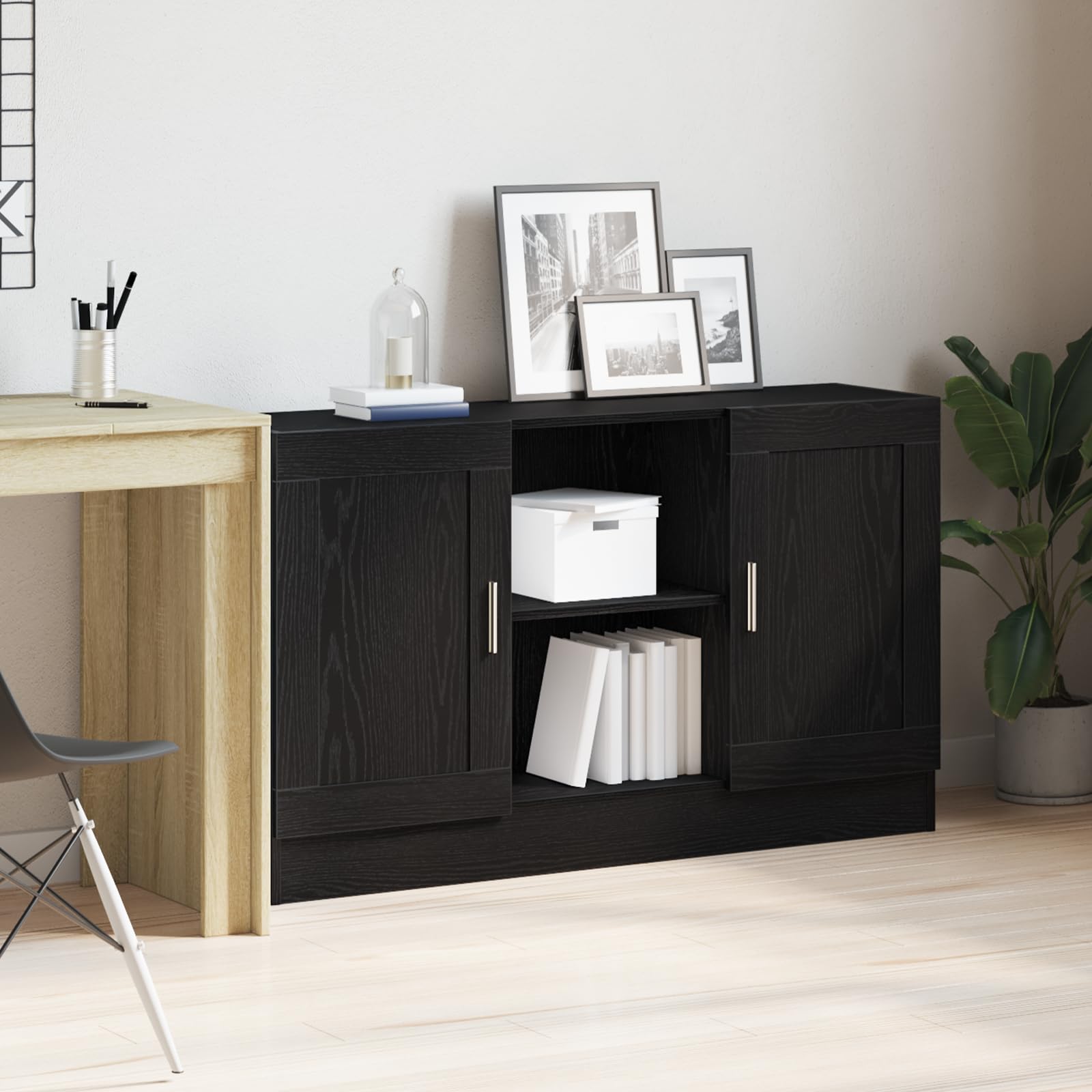 Credenza nera effetto rovere, 120 x 30,5 x 70 cm, comò con 2 ante