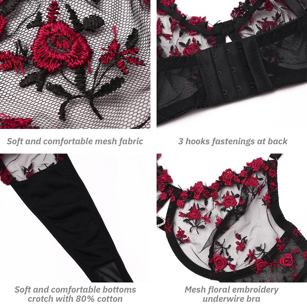 Conjuntos de lencería Sexy con Aros y Bordado Floral para Mujer, 2 Piezas con Sujetador de Malla Transparente y Panty de Cintura Alta, Ropa de Dormir Transparente con realce, Ropa Interior con Correa