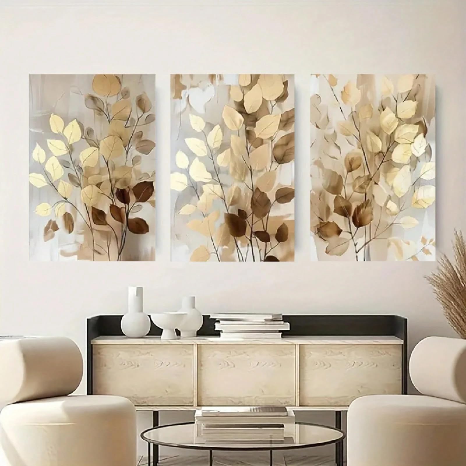 LIFKNVN Golden Leaf-Themed Canvas Wall Art Painting Minimalist Prints For Luxurious Wall Decoration(75x110cmx3/Without frame)