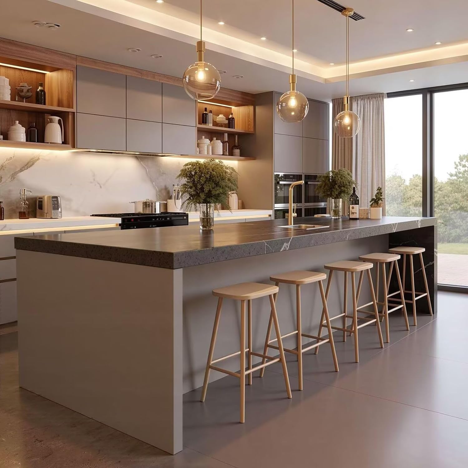 Kitchen Island with Storage - Kitchen Island Table with Solid Rock Panel Surface, Modern Dinner Table Includes Integrated Storage Cabinets, Power Outlets, Adjustable Shelves (80IN No Chairs)