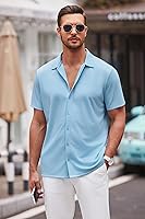 Vista 114 de COOFANDY Camisa casual con botones para hombre, manga corta, sin arrugas, camisa de verano