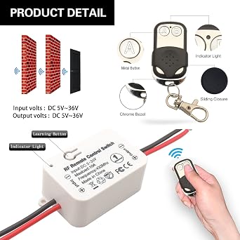 DieseRC 433Mhz Universal Wireless Remote Control Switch DC 12V 24V 1CH RF Relay Receiver Module with 2 Transmitters, EV1527 Learning Code Smart Home Remote Switch