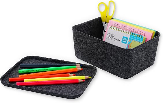 Welaxy Lidded office desk drawer organizer bins Deep draw organiser Felt storage box with lids for office supplies makeup jewelery rolled ties socks decluttering Charcoal