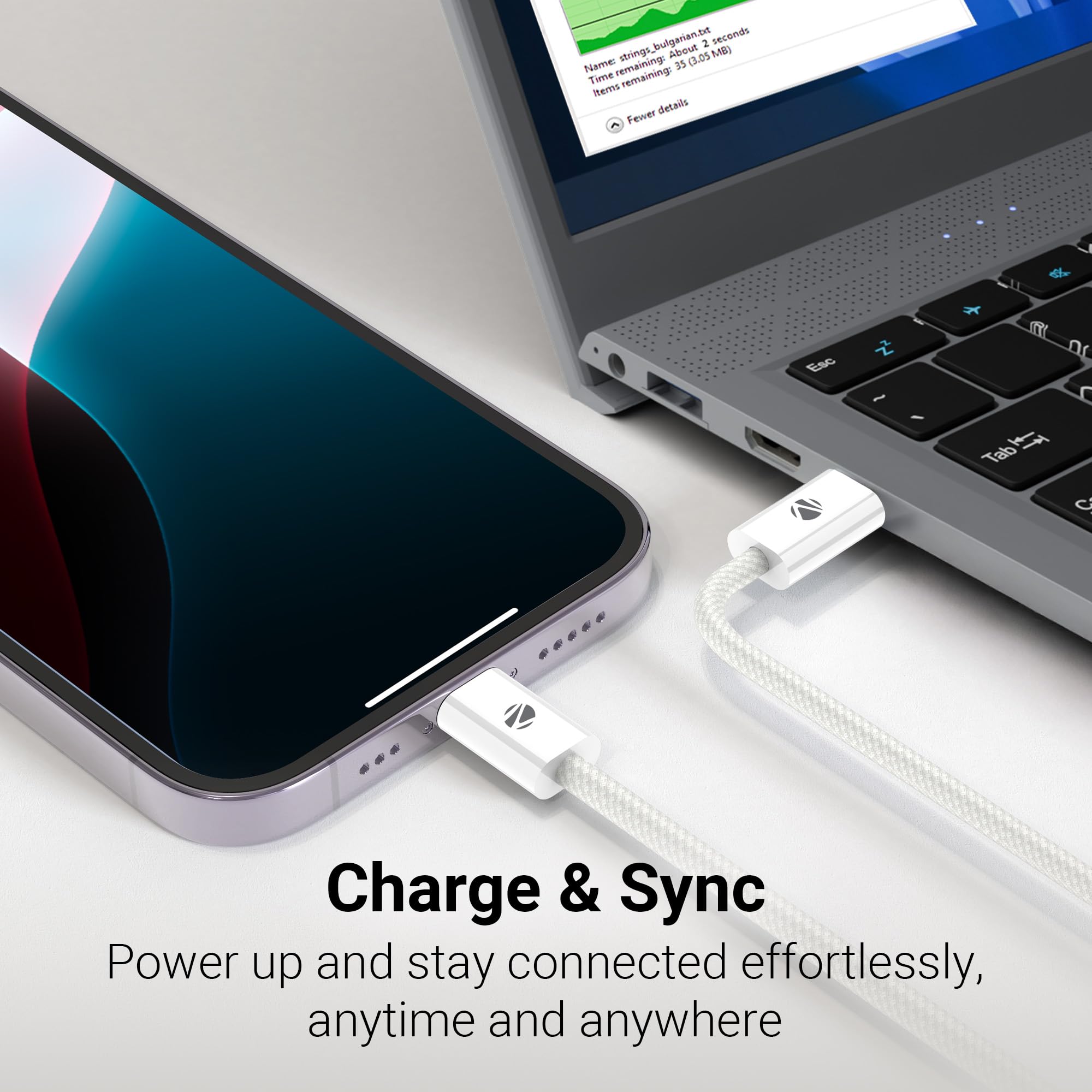 Zebronics Wattz 240CC1 Type-C to Type-C Braided Cable, PD 240W, 2 Meter, Durable, Charge & Sync, Rapid Charging, For Laptops, Tablets, Mobiles (White) — Amazon image 4