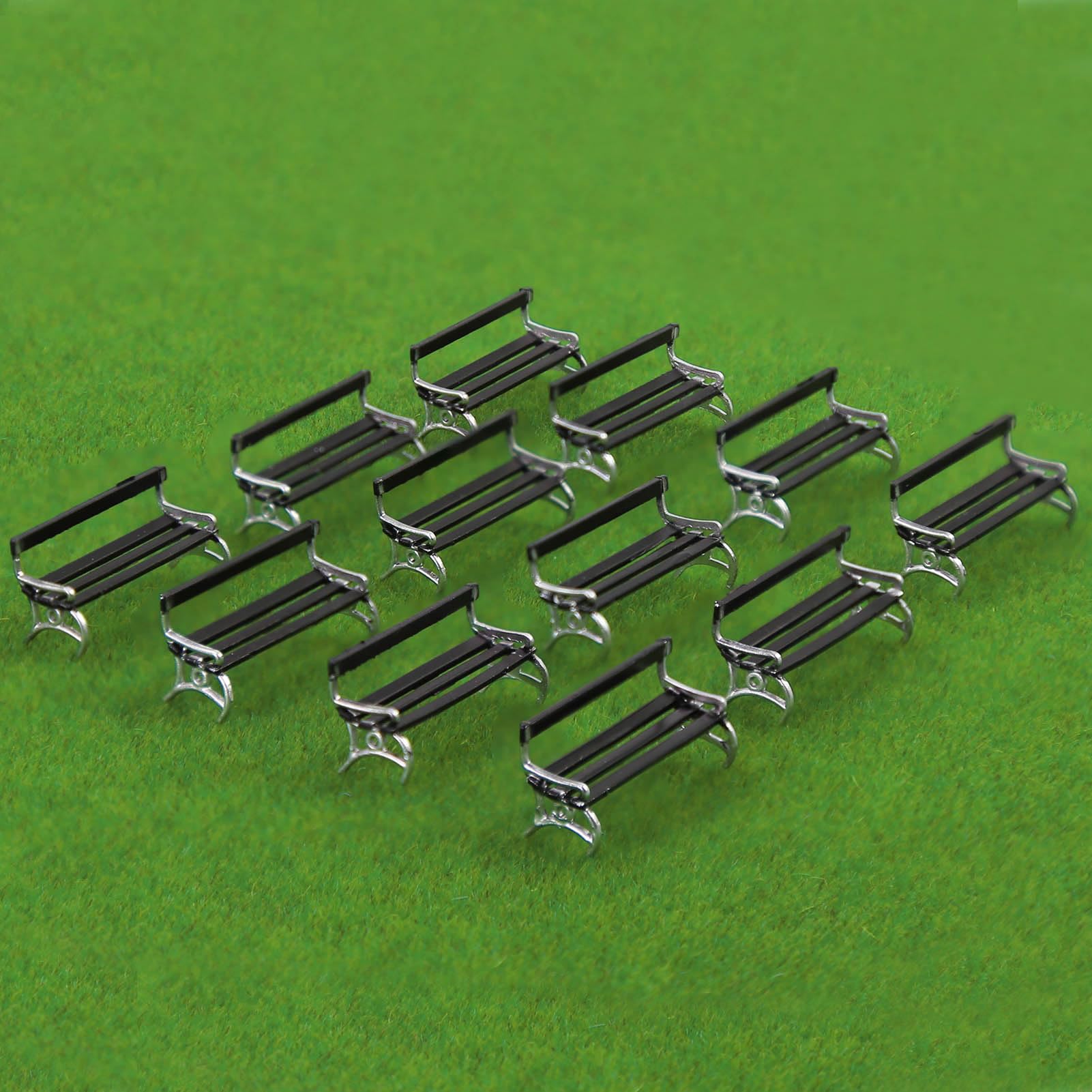 Evemodel 12pcs 1:87 Scale Model Benches for H0 Gauge Railway Leisure Chair Bonsai Decor (B Black with Silver)