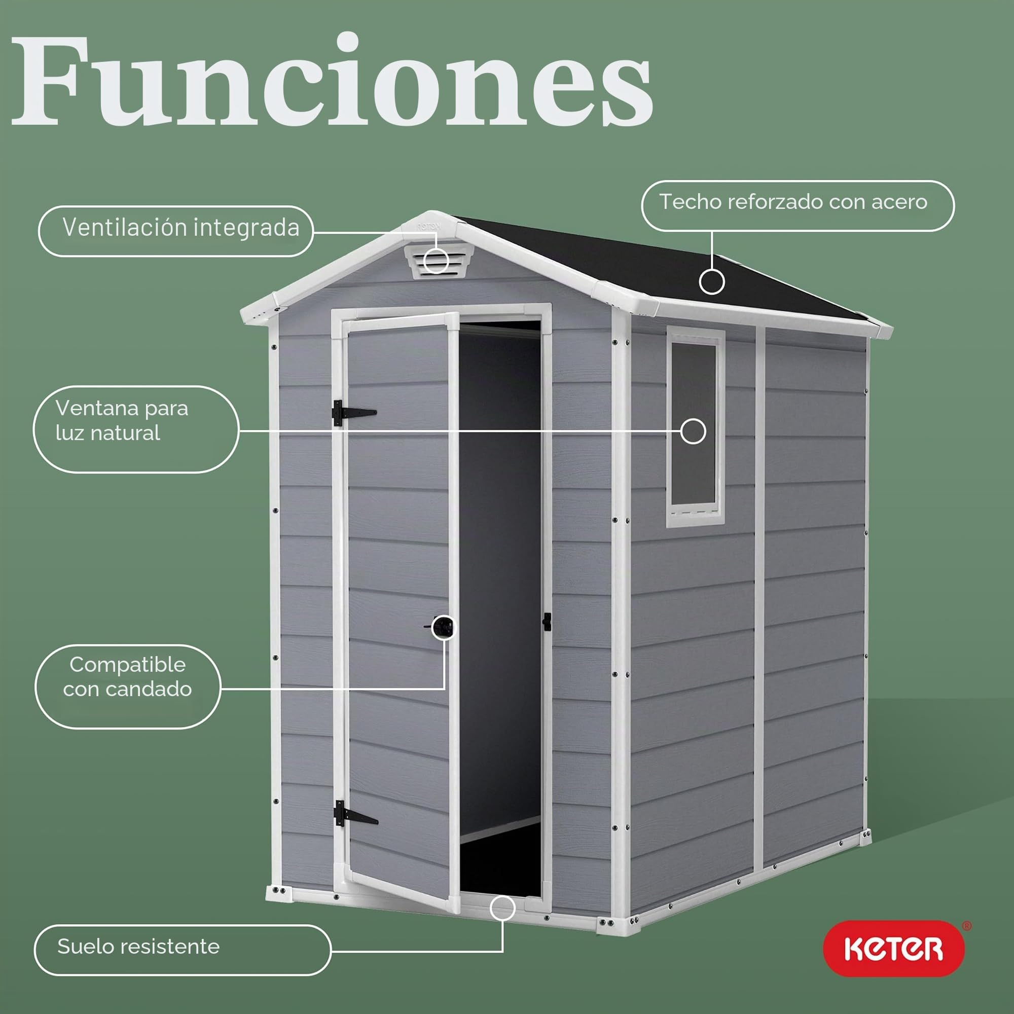 KETER Manor - Cobertizo de almacenamiento exterior, fabricado en resina, ideal para guardar muebles y herramientas de jardín, accesorios de bicicletas, sillas de playa, un cortacésped (gris y blanco, 1,22 x 1,83 m)
