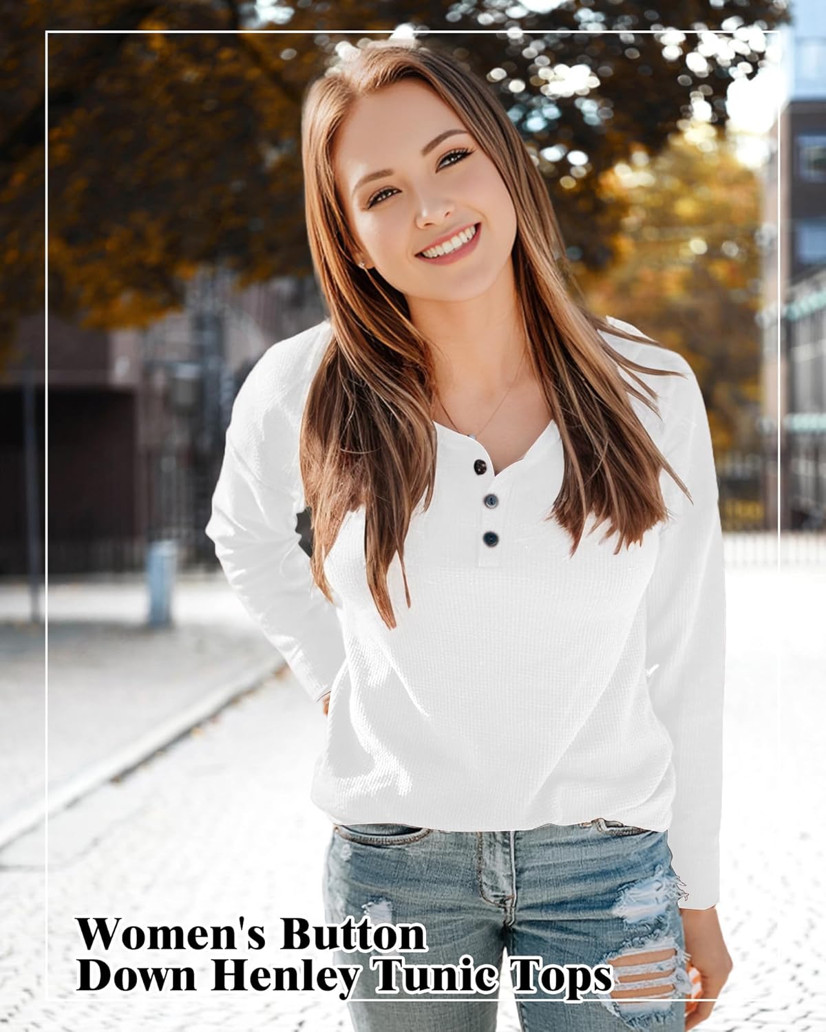 AURUZA Long Sleeve Shirts for Women Henley Shirts Waffle Knit Tops Casual Loose V Neck Tunic Tops Fall Outfits Waffle TShirt - Image 5