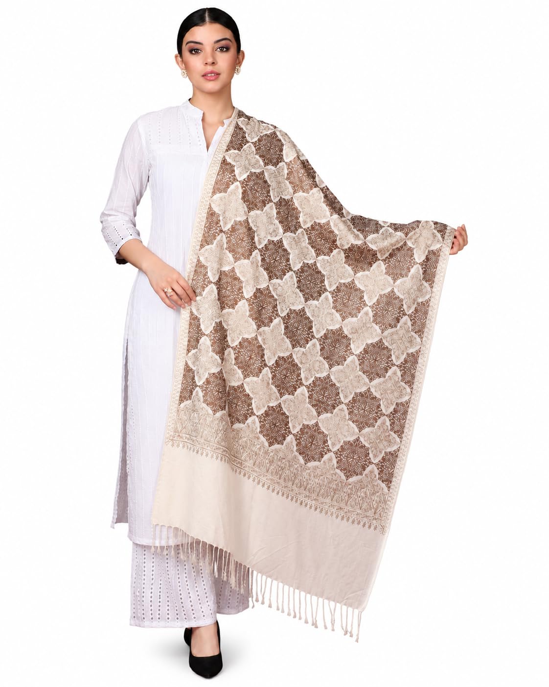 Womens Fine Woollen, Silky Nalki Embroidery Needlework Stole, Off-white-image-30