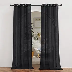 NICETOWN Vintage Open Linen Weave Flax Sheer Window Curtains, Ring Top Translucent Drapes Privacy with Light Through for Bedroom/Living Room, Black, 36" Wide by 84" Long, 2 Pieces