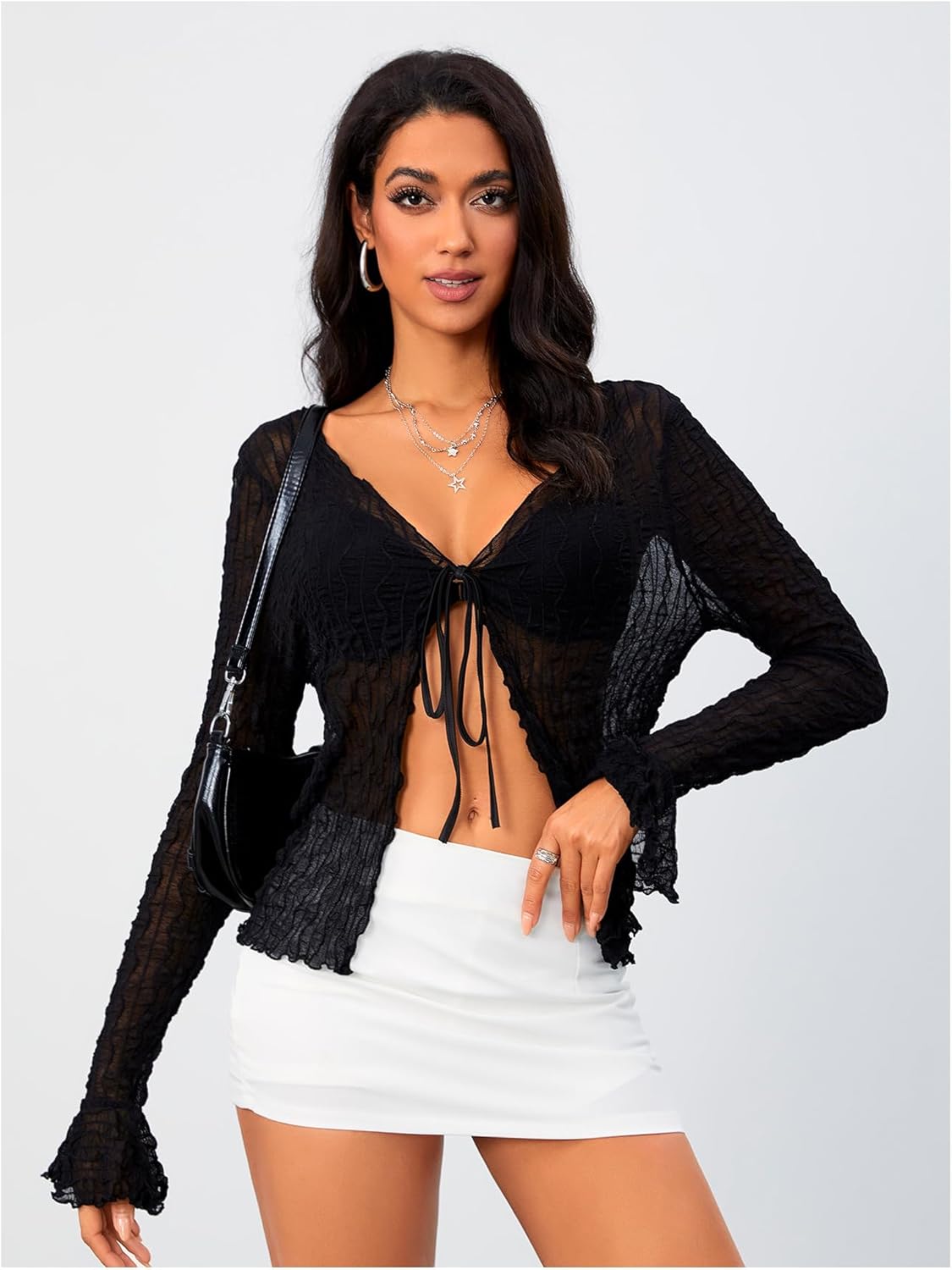 Milumia Women's Y2K Textured Tie Front Sheer Cardigan Lettuce Trim Long Sleeve Rave Top Cover Ups - Image 5