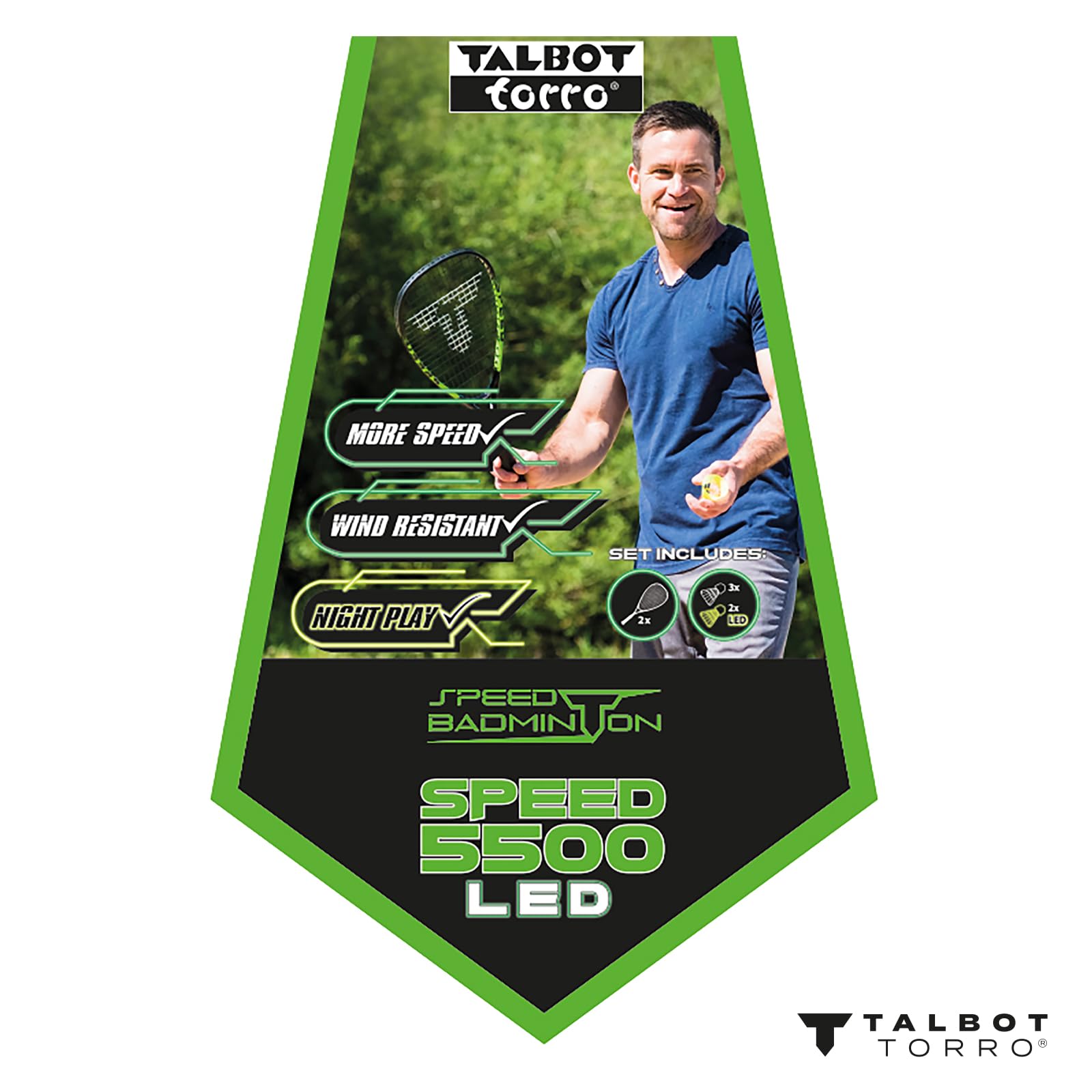 Talbot-Torro Speed-Badminton Set Speed 5500, 2 handliche Alu-Rackets 56,5cm, 6 windstabile Bälle, im trendigen Rucksack
