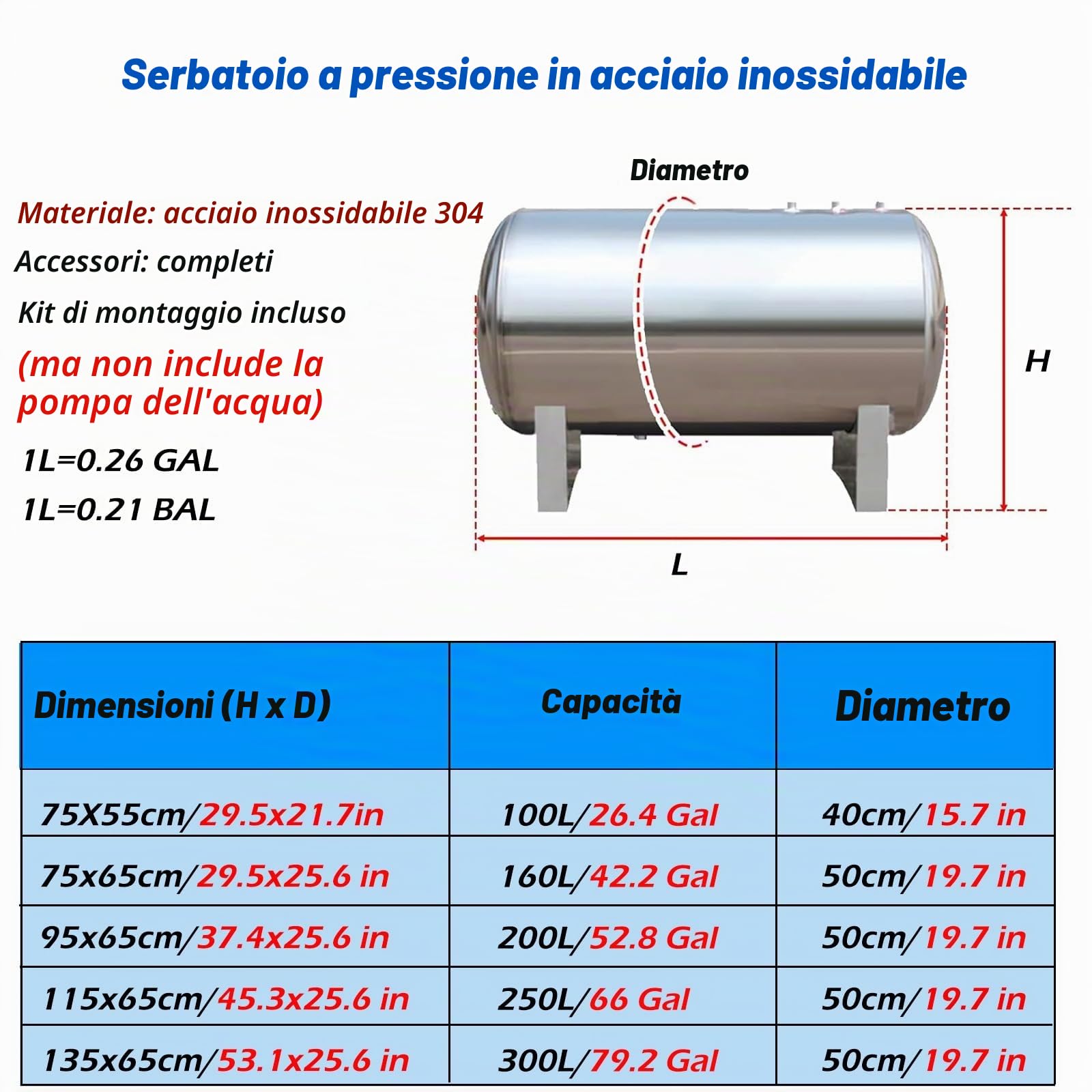 Serbatoio a Pressione per l'acqua 100 200 250 300 L Serbatoio A Pressione dell'Acqua, Serbatoio A Pressione Orizzontale dell'Acciaio Inossidabile(100 Liter)