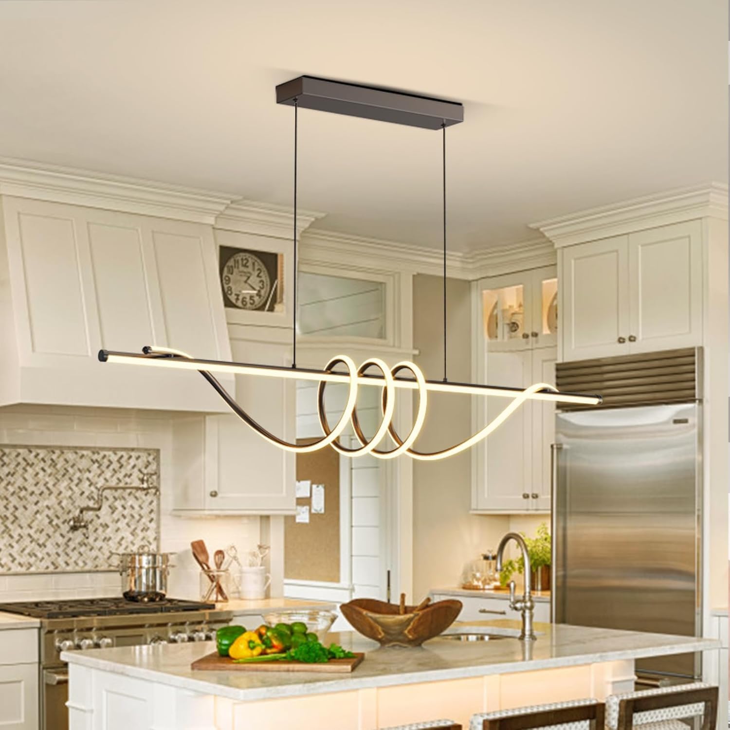 Suspension Luminaire Cuisine LED Moderne, 3000K/4000K/6000K 10%–100% Température de Couleur Lustre, Dimmbar avec Télécommande Chandelier pour Cuisine, Salon, Salle à manger, Chambre à Coucher 150CM