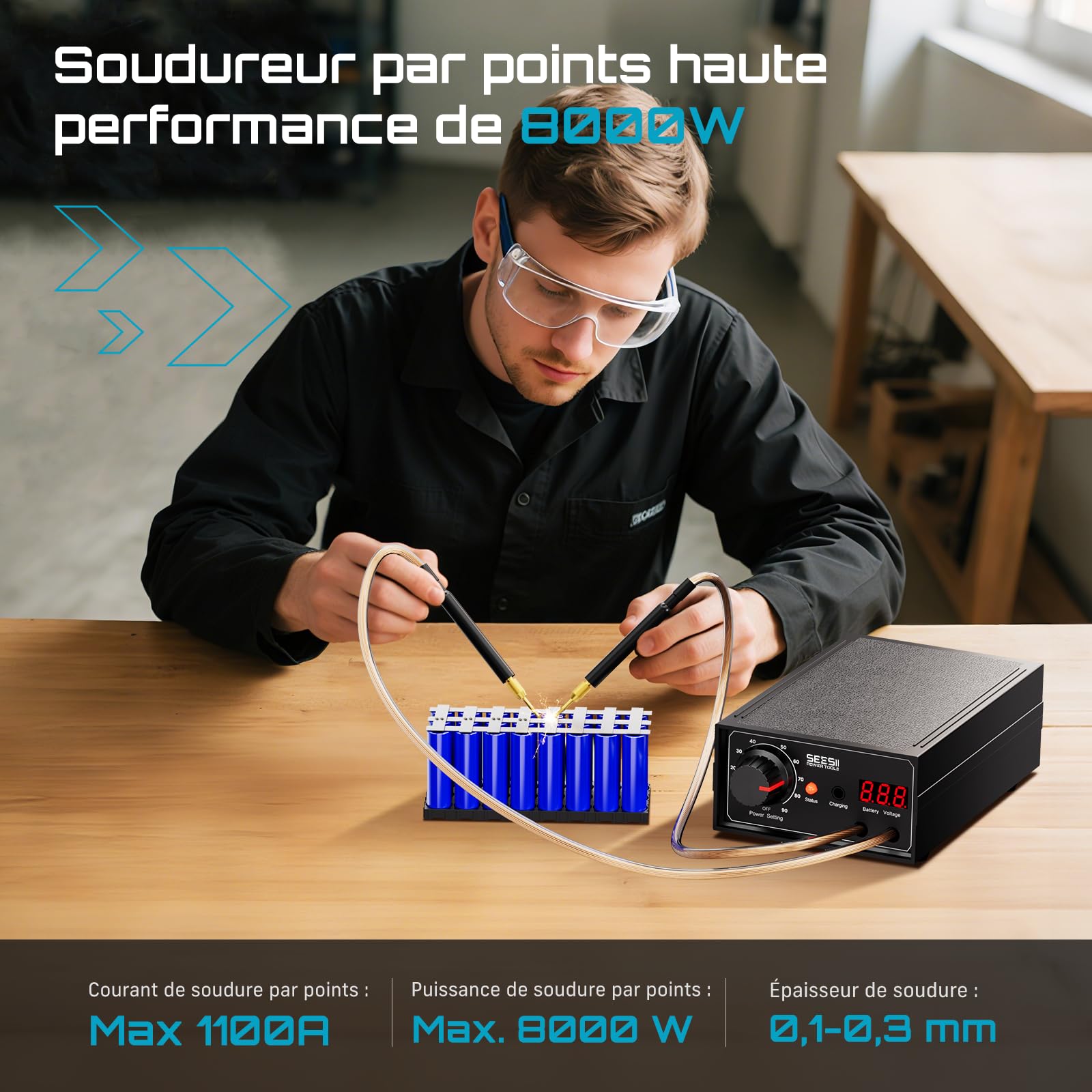SEESII Soudeur par Point à Double Impulsion sans fil 9600mAh avec Affichage Tension en Temps Réel